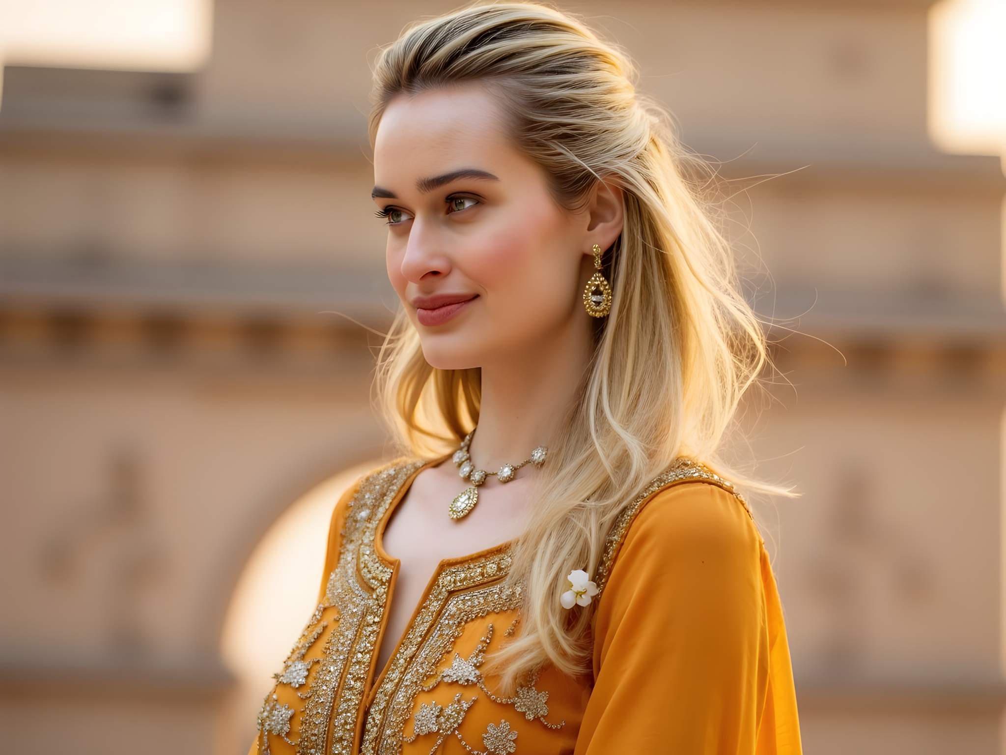 A striking portrait of a 28-year-old female, elegantly poised in front of the majestic India Gate. She wears a flowing, saffron-colored Anarkali suit embellished with intricate gold embroidery, capturing the essence of Indian heritage. The fabric drapes around her form, creating a harmonious silhouette that exudes grace and tradition. Her hair is styled in soft waves adorned with fresh jasmine flowers, echoing the beauty of Indian culture. The golden hour light bathes her in a warm glow, creating a halo effect that highlights her features and the vibrant hues of her attire. Her expression is serene yet confident, embodying the spirit of modern India. The grand architecture of India Gate serves as a powerful backdrop, framing her figure with its monumental elegance and cultural significance.