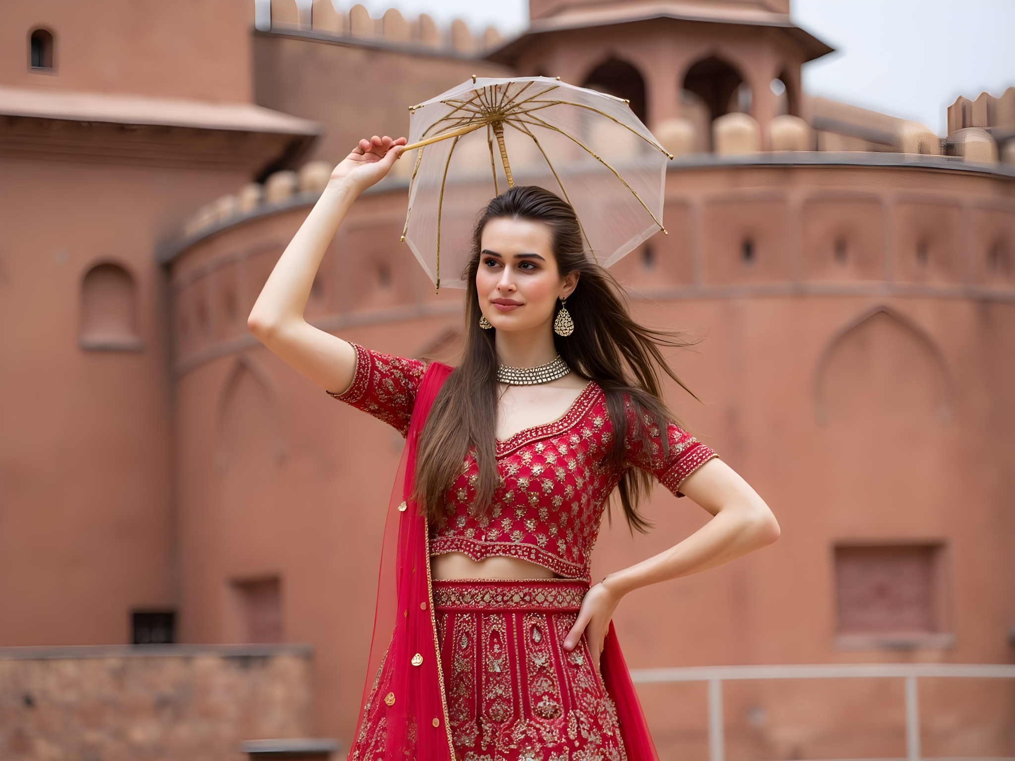 A captivating female figure, aged 28, embodying the grace and strength of a modern-day empress, stands before the magnificent Red Fort in Delhi. Dressed in an opulent, floor-length lehenga crafted from rich, crimson silk adorned with intricate gold embroidery and hand-stitched sequins. The elegant, high-waisted skirt features a cascading silhouette, beautifully complemented by an intricately embroidered choli with a deep V-neckline and fluttering sleeves. Her long, dark hair flows freely, adorned with a delicate maang tikka that glimmers in the soft afternoon sunlight. She poses with poise, one hand resting on her hip while the other delicately holds a replica of a traditional Indian umbrella, casting playful shadows on her exquisite attire. The fort’s monumental architecture serves as a majestic backdrop, its red sandstone walls echoing the vibrant hues of her ensemble. The scene is suffused with a warm, golden glow, evoking a sense of timeless beauty that bridges the past with present-day elegance. This image captures the allure of cultural heritage fused with contemporary fashion, creating an unforgettable narrative of identity and grace.