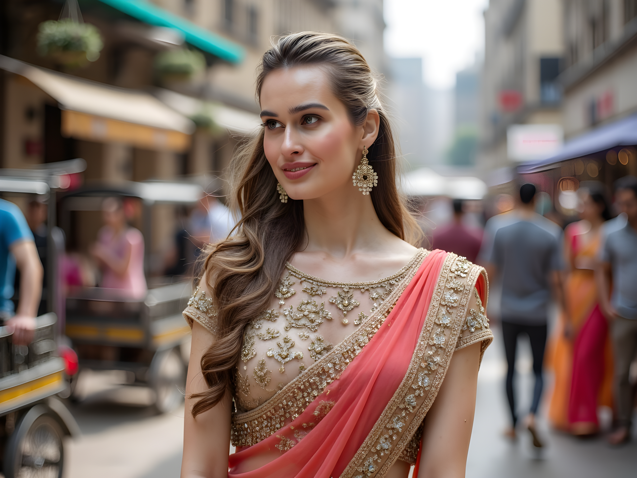 A striking 28-year-old female model stands amidst the vibrant chaos of Mumbai's bustling streets, her presence embodying the city's blend of tradition and modernity. She wears an intricately embroidered lehenga made from rich, jewel-toned silk, adorned with gold detailing that captures the city's legacy of opulence. Her blouse features elegant sheer sleeves, reflecting the style of contemporary Indian couture. The model's long hair cascades in soft waves, adorned with delicate jasmine flowers, complementing her radiant makeup that exudes a warm glow. The setting frames her within a tapestry of cultural elements: colorful street markets, rickshaws, and glimpses of historical architecture, showcasing the beautiful interplay between heritage and the vibrant, fast-paced life of Mumbai. The sunlight filters through, creating soft glimmers in her attire, encapsulating the essence of the city — a fusion of nostalgia and vibrant dynamism. This image captures the heart of Mumbai, evoking emotions of wanderlust and celebration of life.