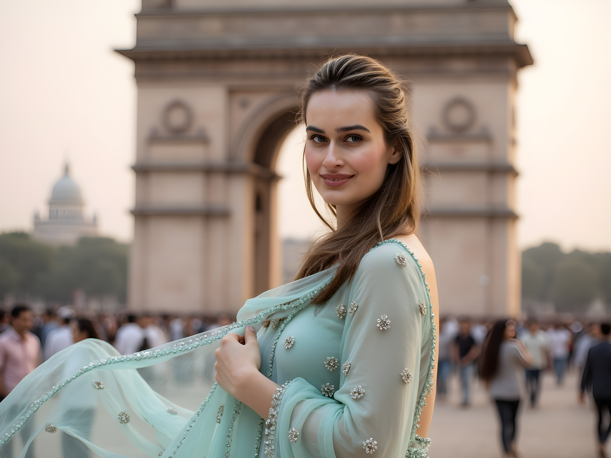 A captivating portrait of a 28-year-old female figure standing gracefully in front of the iconic Gateway of India, channeling the historical elegance of a modern-day maharani. Draped in an ethereal powder blue chiffon saree with intricate hand-embroidery, the fabric flutters gently in the breeze, revealing exquisite motifs of peacocks and paisleys that shimmer like gems in the sunlight. Her hair cascades in loose waves, adorned with delicate jasmine flowers, while her warm smile radiates the charm and allure of Mumbai's rich cultural tapestry. The soft, golden hour light bathes her in a warm glow, casting delicate shadows that enhance her regal silhouette against the majestic backdrop of the monument, with tourists and locals merging into a soft blur, adding a vibrant narrative to the image. This photograph captures not just a moment, but the essence of India's fusion of tradition and modernity, evoking a sense of wanderlust and cultural pride.