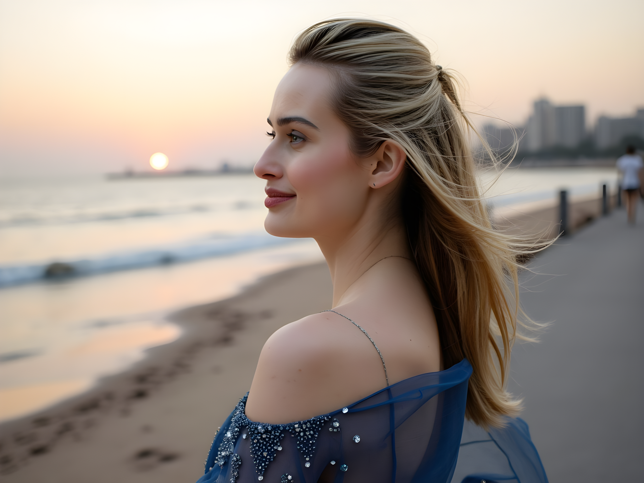A captivating scene featuring a female figure, aged 28, elegantly poised along the iconic Marine Drive in Mumbai at dusk. She dons a flowing, lightweight chiffon dress in a deep ocean blue, its fabric billowing gently in the soft, salty breeze. The dress is adorned with intricate beadwork that catches the fading sunlight, echoing the glittering waves behind her. With a subtle smile, she gazes out at the horizon, her hair cascading in loose waves reminiscent of the gentle tides. The golden hour light bathes her in a warm, flattering glow, creating a breathtaking ambiance. The backdrop of the city's silhouette serves as a reminder of urban charm, while the rhythmic sound of waves captures the essence of coastal beauty. This image encapsulates a moment of tranquil reflection, merging natural and urban elements with effortless poise.
