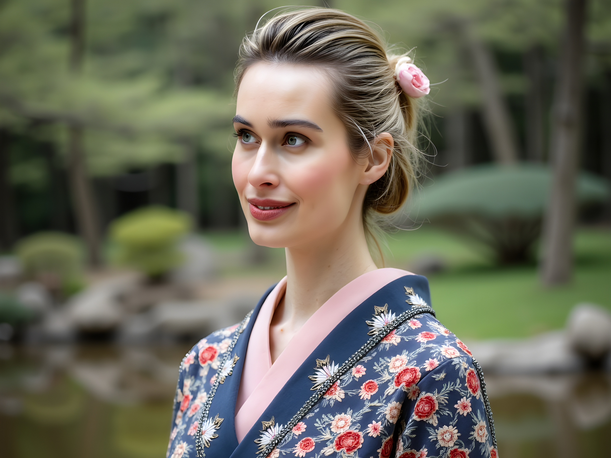 A captivating female figure, aged 28, exuding grace and poise, inspired by traditional Japanese aesthetics. She wears a modernized kimono crafted from luxurious silk in hues of soft cherry blossom pink intertwined with deep indigo. The garment features intricate hand-embroidered cranes along the hem, symbolizing peace and longevity. Her hair is styled in an elegant bun adorned with delicate cherry blossom hairpins, while subtle, dewy makeup highlights her features with a soft glow. The setting is a serene Japanese garden, with lush greenery and a tranquil koi pond reflecting the vibrant colors of the fabric. The ambiance is tranquil yet evocative, capturing the essence of Japanese beauty and tradition while embracing contemporary elegance. The composition showcases dynamic layering and balance, emphasizing the subject within the harmonious landscape.