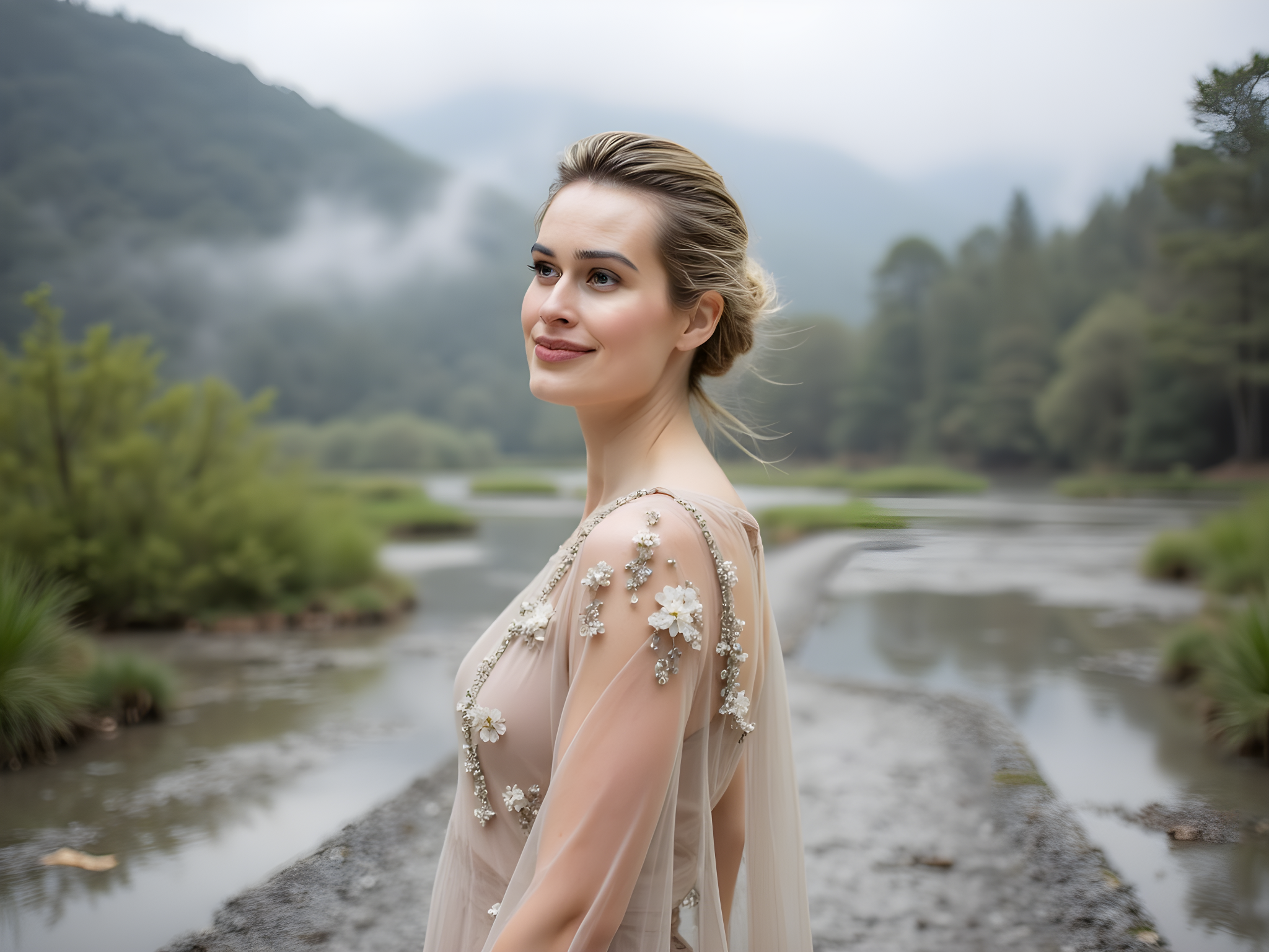 A captivating 28-year-old woman, epitomizing serene elegance, dressed in a flowing kimono-inspired gown made of whisper-soft chiffon in muted earth tones reminiscent of a misty Hakone morning. The gown features delicate cherry blossom embroidery cascading down the sleeves, which flutter gently as if caught in a soft breeze. Her hair is styled in a traditional updo with a modern twist, adorned with subtle floral hairpins that echo the colors of her dress.
She stands gracefully on a pebble pathway, surrounded by lush greenery and gently rippling water, as wisps of fog create an ethereal atmosphere. The composition embraces the harmony of nature, with shrouded mountains in the background echoing the tranquil beauty of Japan. The soft, diffused lighting highlights her face with a gentle glow, suggesting a moment of introspection and connection to the breathtaking scenery. This image captures the essence of serenity and cultural richness, evoking the timeless beauty of the Hakone region.
---