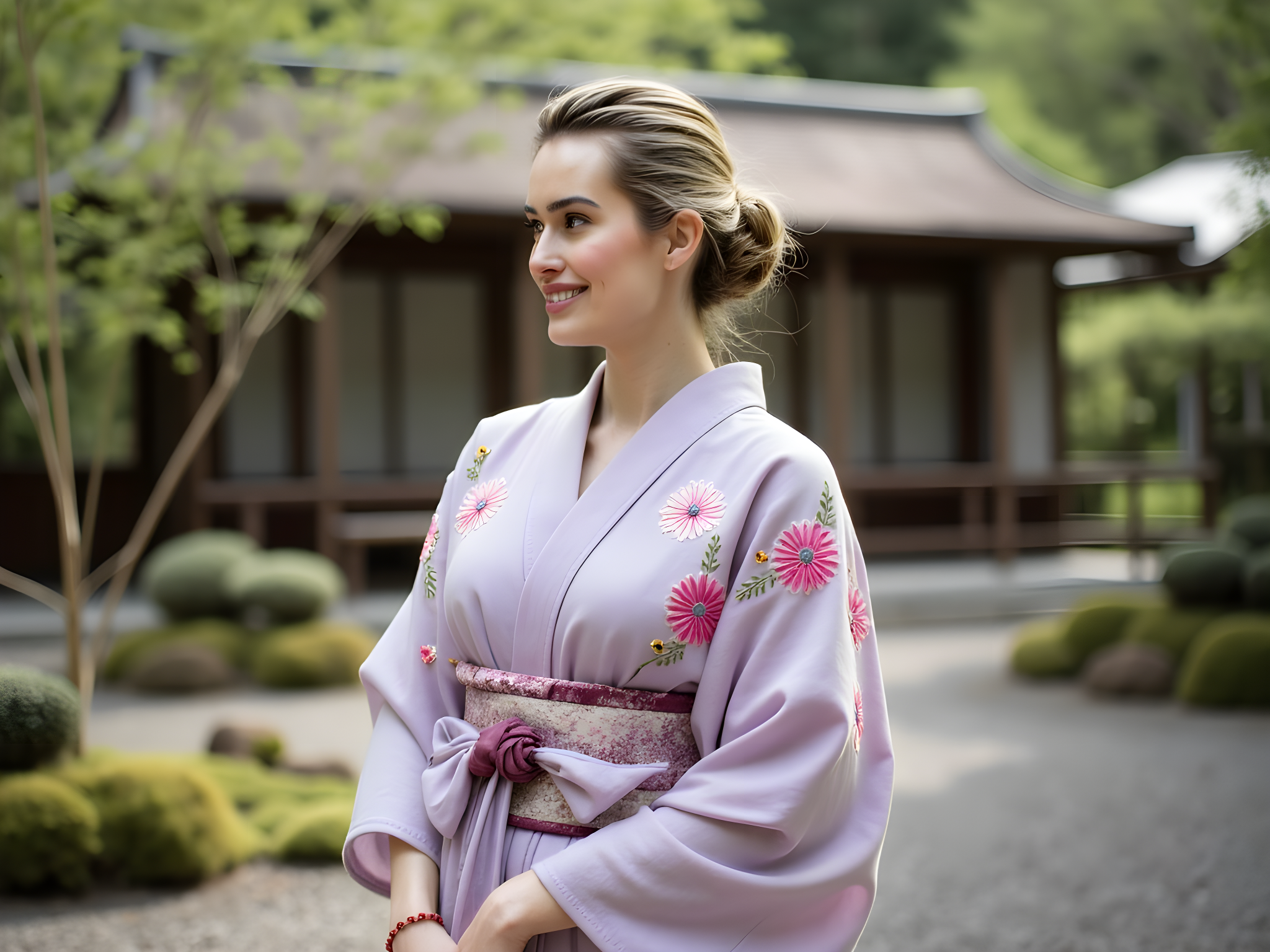 A serene 28-year-old woman embodies the grace of traditional Kyoto culture, clad in a soft lavender kimono made of silk chiffon, adorned with intricate cherry blossom embroidery reminiscent of spring. Her delicate obi, a deep plum hue, is tied flawlessly in a large bow at the back, adding a touch of elegance. She stands amidst a tranquil Zen garden, where meticulously raked gravel meets lush green moss, with a traditional wooden teahouse softly blurred in the background. Her hair is styled in a classic bun, embellished with subtle kanzashi hairpins that catch the light. The sunlight filters through the bamboo, creating a dappled effect that dances across her serene expression, evoking a moment of introspection and beauty. The composition captures an essence of tranquility and timelessness, inviting viewers into a meditative state.
