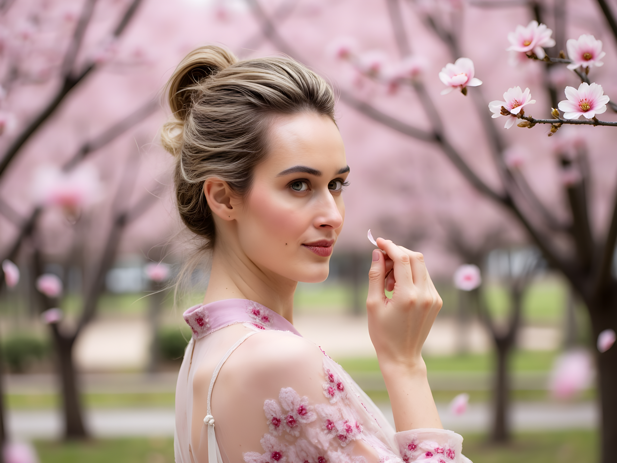 A captivating portrait of a 28-year-old woman, embodying the serene grace of Nara, Japan. She stands amidst a lush grove of cherry blossom trees, the soft pink petals cascading around her like a delicate shower of confetti. Dressed in a contemporary kimono-inspired ensemble, the fabric is a luxurious silk chiffon infused with subtle floral motifs in pastel hues. The kimono's elegant lines are complemented by modern, asymmetrical sleeves and a flowing obi belt cinched at the waist. Her hair is styled in a sleek updo with a few wispy tendrils framing her face, adorned with a singular handcrafted hairpin. The composition uses natural light filtering through the blossoms, creating an ethereal glow that enhances her tranquil expression. Her pose is poised yet relaxed, one hand delicately holding a petal as if in reverence to nature's beauty. This image captures not just the woman's elegance but also the essence of Nara's timeless beauty and cultural significance, inviting viewers into a moment of zen tranquility.