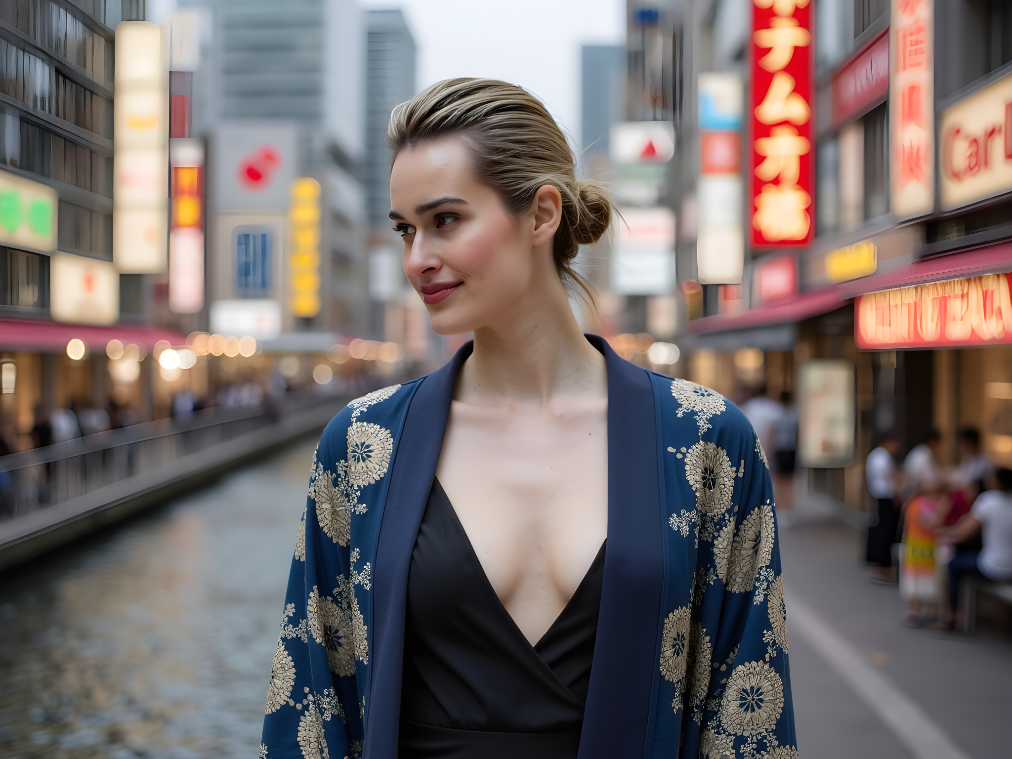 A captivating female figure, aged 28, embodies the vibrant spirit of Osaka in a visually striking urban editorial. She wears a bold, oversized kimono-inspired jacket in deep indigo silk adorned with traditional Sumi-e patterns, layered over a chic, asymmetrical black dress that whispers modern sophistication. The ensemble acknowledges Osaka's rich cultural heritage while celebrating contemporary street style. Her hair is styled in a sleek, low bun adorned with delicate cherry blossom hairpins, juxtaposing elegance with the city's energetic pulse. Set against the backdrop of bustling Dotonbori neon lights, the composition utilizes dynamic angles, capturing her radiant confidence as she strolls along the vibrant canal, evoking feelings of freedom and cultural pride. The scene captures the golden hour, with warm light enhancing the rich textures and colors of the outfit.
