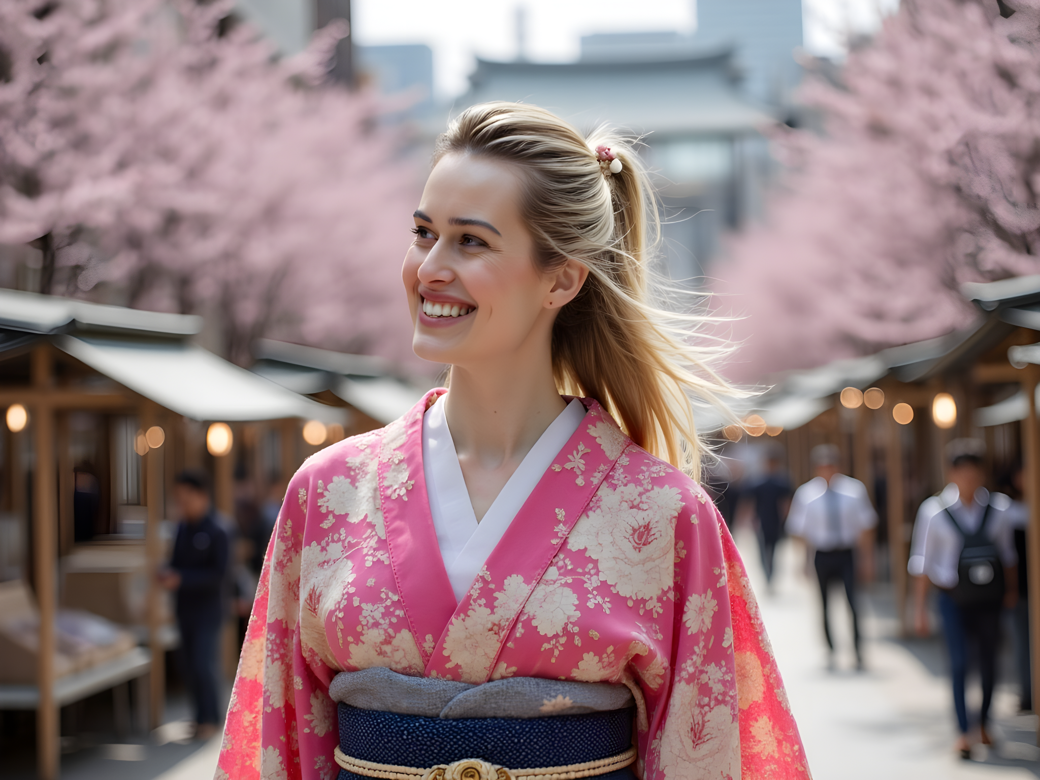 A captivating street scene showcasing a female figure, aged 28, dressed in a traditional yet contemporary kimono as she strolls through the bustling streets of Asakusa, Tokyo. The kimono, adorned in vibrant shades of cherry blossom pink and indigo, features intricate patterns reminiscent of ancient Japanese art—a blend of elegance and modern fashion sense. She wears a delicate obi sash tied perfectly at her waist, with a beautiful floral hair accessory accenting her flowing hair. The background is alive with the energy of street vendors and cherry blossom trees, creating a vibrant contrast against the historic temples peeking through the canopy. The lighting captures the soft hues of late afternoon, infusing the scene with warmth as sunlight filters through the petals. Her posture exudes grace and confidence, embodying the spirit of tradition meeting modernity in the heart of Tokyo. The overall atmosphere is one of serene beauty and cultural richness, telling a profound story of heritage in a modern world.