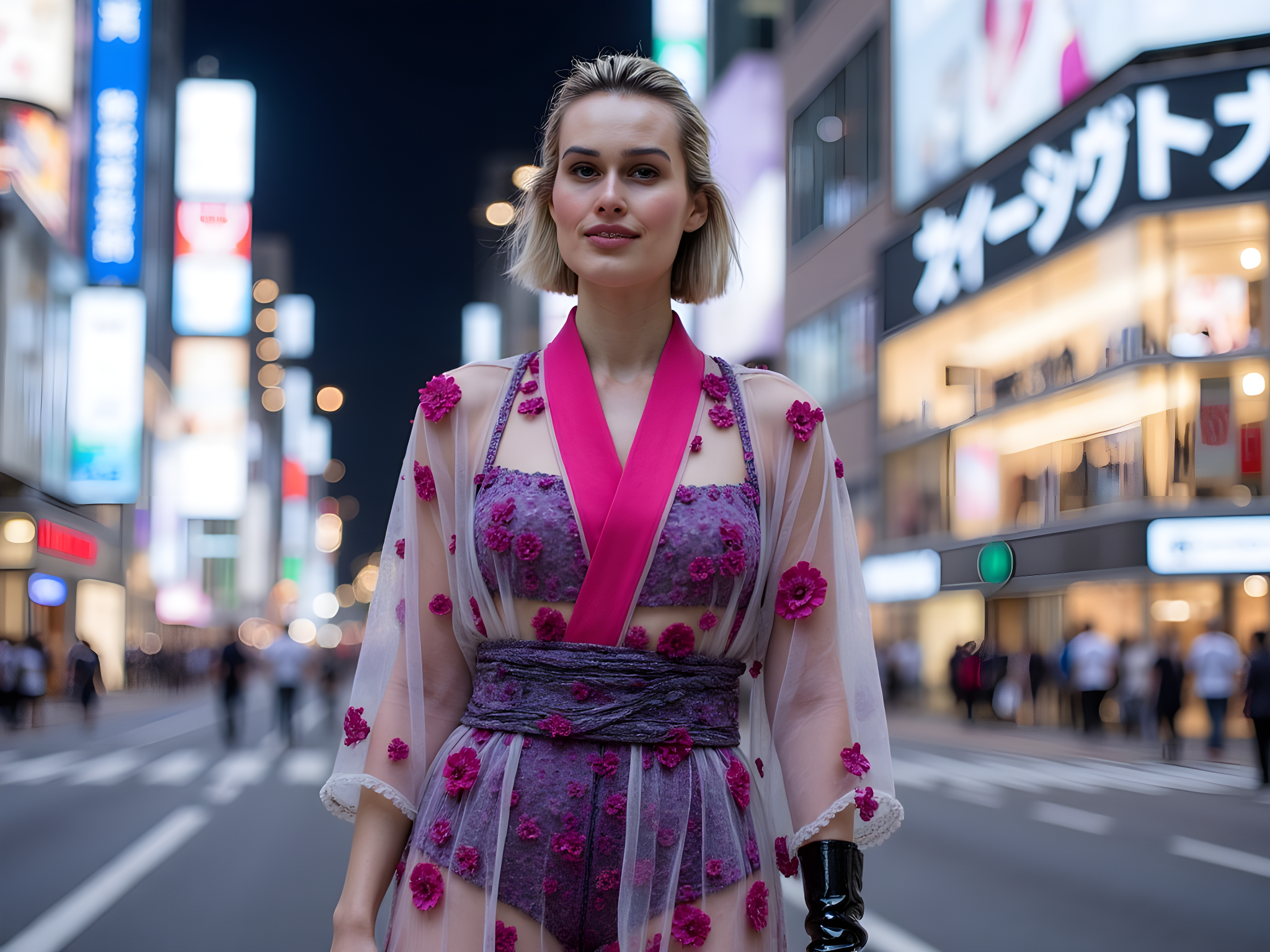 A captivating female figure, aged 28, embodying the vibrant spirit of Tokyo’s urban landscape. Dressed in a striking, avant-garde ensemble featuring a structured, angular kimono made from airy chiffon georgette in shades of electric neon pink and deep indigo. The garment is layered with asymmetrical detail and paired with thigh-high, glossy patent leather boots that reflect the heart of the city. Her hair is an artful explosion of color, styled into a geometric bob with iridescent highlights. The backdrop features the bright chaos of Shibuya Crossing at night, illuminated by billboards and neon signs that create a dazzling kaleidoscope of colors. The model strikes a bold pose, one hand playfully leaning against a street sign, while her expression radiates fierce confidence and curiosity. The image captures the intersection of tradition and modernity, evoking the cultural tapestry of Tokyo as a stylish metropolis.