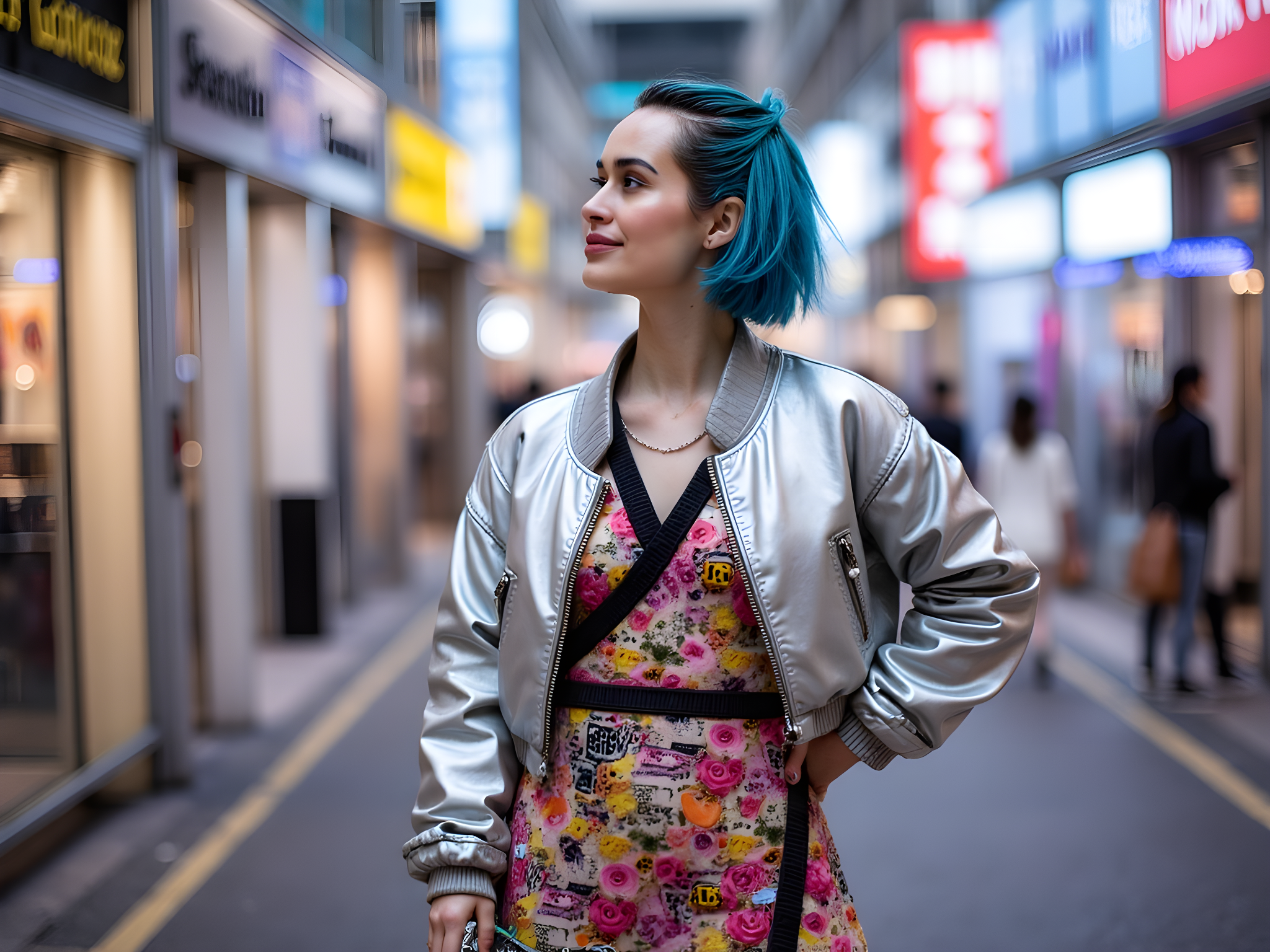 A striking portrait of a 28-year-old female, infused with the vibrant energy of Tokyo’s Shibuya district. She wears a layered outfit composed of a metallic silver cropped bomber jacket over a flowing, graphic print kimono dress in neon colors, paired with chunky platform boots. Her hair, a bold, electric blue, is styled in a futuristic bob adorned with playful hair clips. The bustling streets of Shibuya serve as a backdrop, with neon lights and urban graffiti capturing the essence of youth culture. The subject's confident expression, along with an assertive pose—one hand on her hip and the other holding a holographic handbag—embodies the unapologetic spirit of a modern urban warrior. The lighting is dynamic, reflecting the vibrant colors of the city, creating a contrast of shadows and highlights, enhancing the overall urban aesthetic.