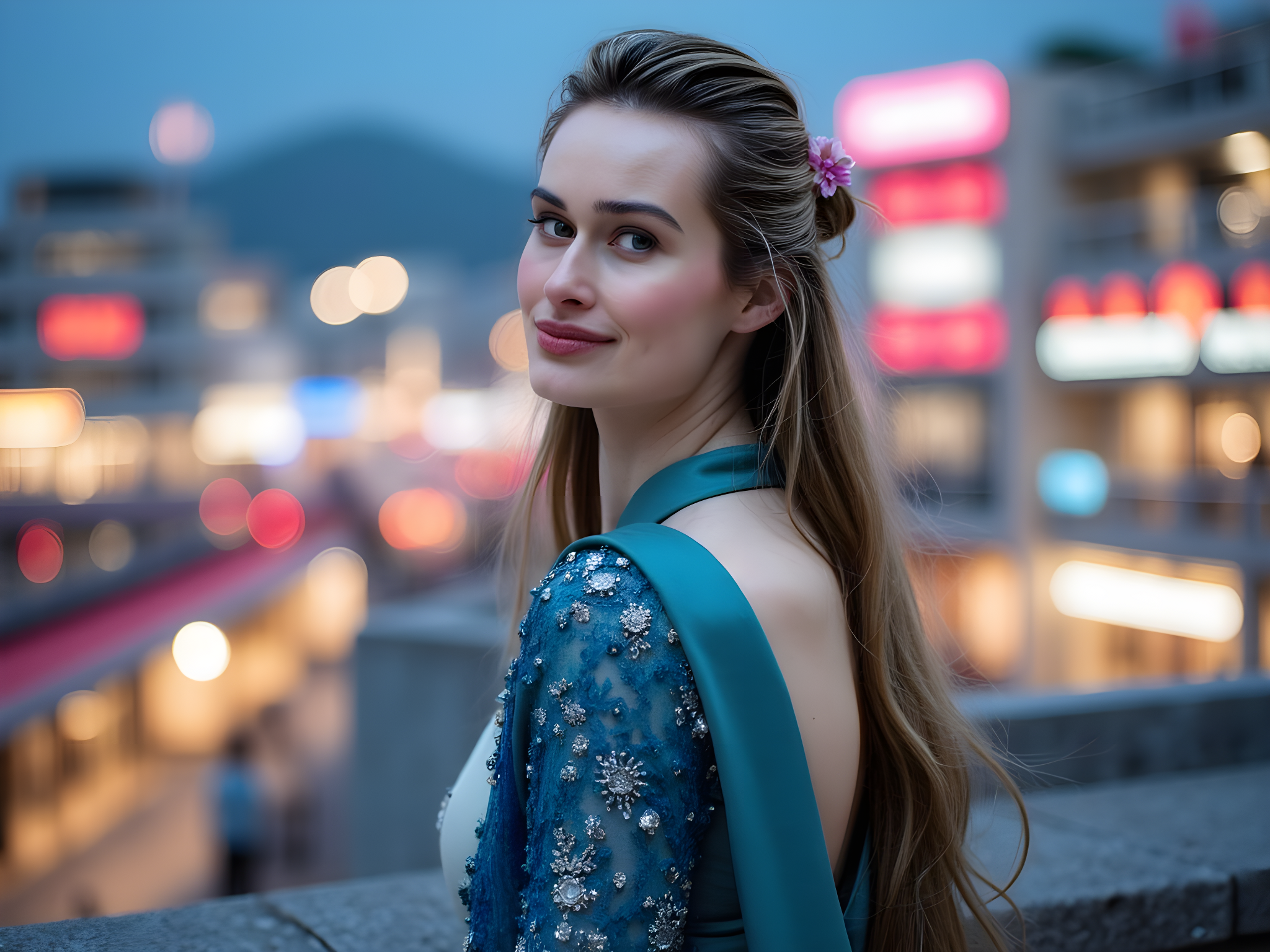 A striking female model, aged 28, elegantly poses against the vibrant cityscape of Busan at dusk. She embodies the fusion of tradition and modernity, dressed in a contemporary hanbok—an exquisite reinterpretation featuring flowing, iridescent silk in shades of deep teal and royal blue, adorned with delicate silver embroidery. The fitted bodice flows into wide, graceful sleeves that dance in the gentle evening breeze. Her long hair cascades in soft waves, embellished with understated floral hairpins, celebrating both cultural heritage and avant-garde fashion. The imagery captures the neon lights of the bustling city behind her, casting colorful reflections that mirror her outfit's brilliance. The composition celebrates the beauty of urban life while maintaining a strong cultural resonance, embodying the essence of a modern muse.