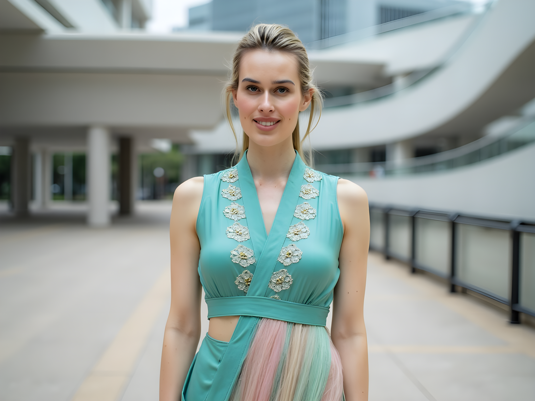 A striking image of a 28-year-old female model, embodying the vibrant, modern aesthetic of contemporary South Korea. She wears a meticulously tailored hanbok reimagined for high fashion — the top in a bold jade silk adorned with intricate gold embroidery, paired with a flowing, asymmetric skirt in soft pastel shades. Her hair is styled in a sleek, traditional chignon, with delicate floral hairpins adding a contemporary twist. Set against a minimalist urban backdrop featuring sleek architecture, the scene captures the intersection of tradition and modernity. Dynamic lighting highlights the contours of her face, infusing the image with a sense of ethereal beauty and confidence, evoking the innovative spirit of Seoul's fashion scene.