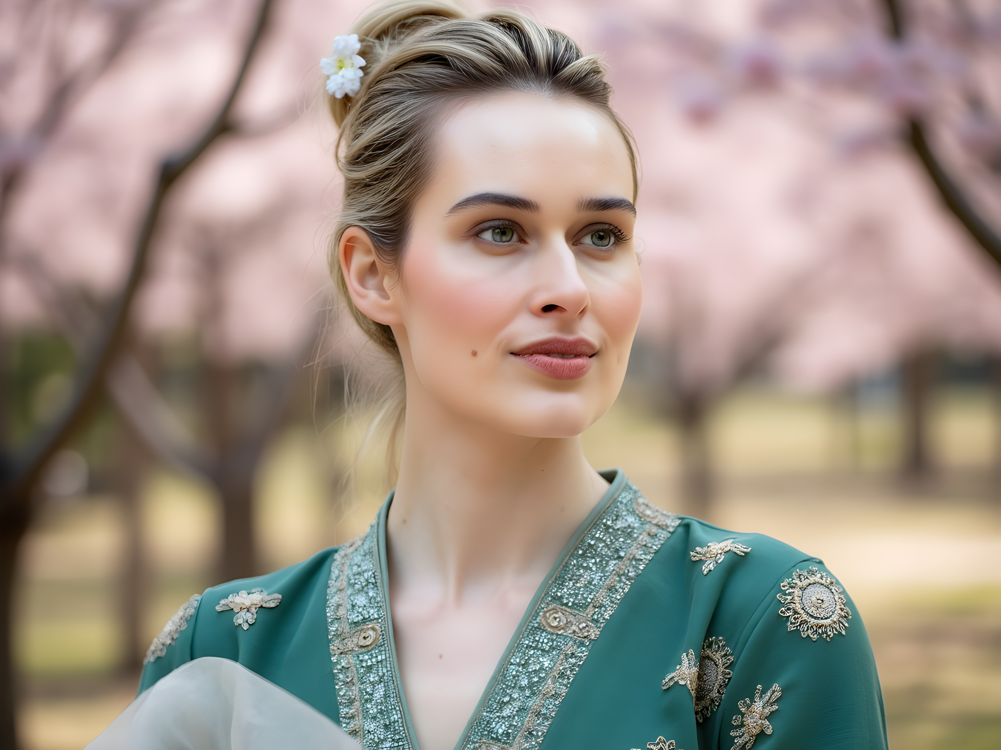 A striking portrait of a 28-year-old female model, embodying the essence of Gyeongju's rich cultural heritage. Draped in a modern hanbok made of soft silk in deep jade green, highlighted with golden embroidery, she stands gracefully against a serene backdrop of cherry blossom trees in full bloom. The traditional attire, featuring a richly structured jeogori (jacket) adorned with intricate patterns, contrasts beautifully with the delicate, flowing skirt that appears to dance in the gentle breeze. Her hair is styled in an elegant updo, adorned with a floral hairpin, reflecting a timeless grace as she gazes thoughtfully into the distance. The soft morning light bathes the scene in a warm glow, casting ethereal shadows that accentuate her serene beauty. This image channels the harmony of past and present, celebrating Gyeongju's cultural legacy while weaving it into a contemporary fashion narrative.