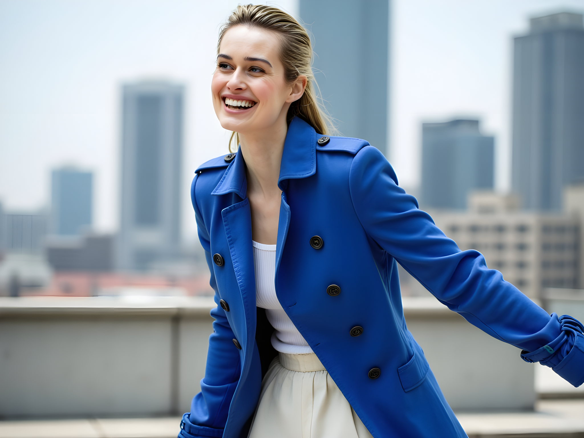 A striking female figure, aged 28, poised in a dynamic urban scene at Incheon, South Korea, merging fashion and culture. She wears a tailored, asymmetrical trench coat in a bold cobalt blue, crafted from lightweight mikado silk, with sharp lapels and intricate draping that captures attention. Her look is complemented by high-waisted, pleated trousers in a contrasting crisp white, elongating her silhouette. Standing against a backdrop of Incheon’s modern skyline, she embodies the vibrancy and energy of the city. Her hair is styled in sleek waves, framing a confident visage enhanced by minimalist makeup featuring a pop of crimson on her lips. The sunlight casts dramatic shadows, highlighting the architectural elements around her, while a gentle breeze adds a sense of movement to her coat, evoking a feeling of contemporary elegance and urban sophistication.