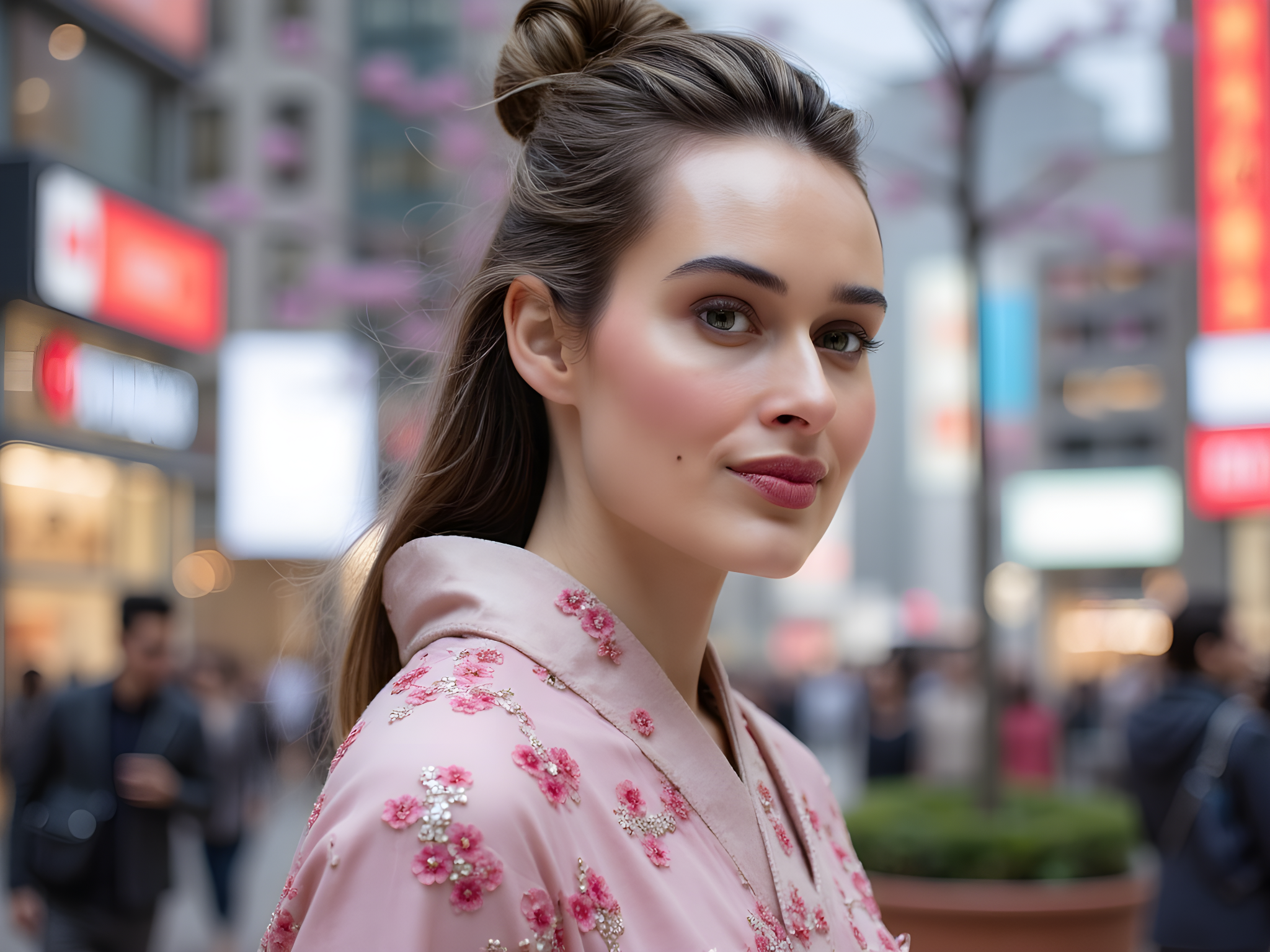 A captivating female figure, aged 28, exuding the vibrant energy of Seoul’s bustling streets at dusk. Draped in a striking hand-painted silk hanbok featuring intricate cherry blossom details in soft pastels, the delicate fabric catches the ambient city lights, creating an ethereal halo effect around her. Her long, dark hair is styled in a sleek bun adorned with traditional hairpins, while bold, contemporary accessories elevate her modern aesthetic. She stands confidently against a backdrop of neon signs and cherry blossoms in full bloom, with the motion of the city blurred around her, suggesting both vibrancy and tranquility. The composition employs dynamic angles and depth, using a shallow depth of field to draw focus to her serene expression amidst the urban chaos. This image captures the seamless blend of tradition and modernity that defines Seoul’s fashion identity.