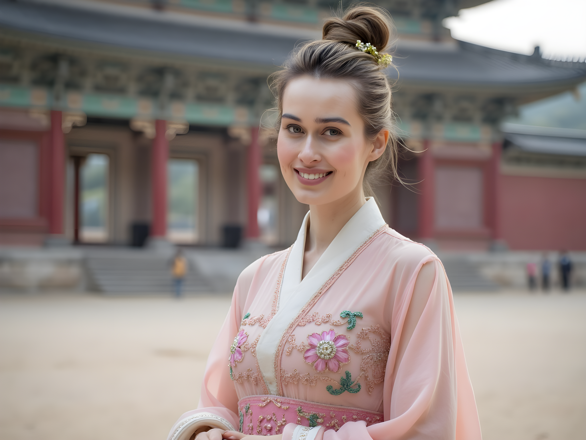 A captivating scene featuring a female figure, aged 28, embodying the elegance and grace of a modern-day royal. She stands in front of the iconic Gyeongbokgung Palace, draped in a traditional hanbok that beautifully juxtaposes contemporary design with cultural heritage. The gown is crafted from delicate silk in shades of jade and cherry blossom pink, with intricate, hand-painted floral motifs adorning the bodice and flowing sleeves. The skirt, full and billowing, features a train that cascades behind her, capturing the spirit of a regal empress.
Her elegant posture reveals the elegance of traditional Korean aesthetics, with her arms gracefully resting at her sides, fingers adorned with delicate gold rings. Her hair is styled in an intricate bun adorned with golden hairpins and a subtle floral piece, framing her face softly. The backdrop showcases the grandeur of the palace, with its historic architecture accentuated by the soft afternoon light, creating an ethereal glow around her. The composition incorporates elements of negative space that highlight the subject and the beauty of her surroundings, making it a breathtaking portrayal worthy of a high-end fashion spread that gracefully connects modernity with tradition.