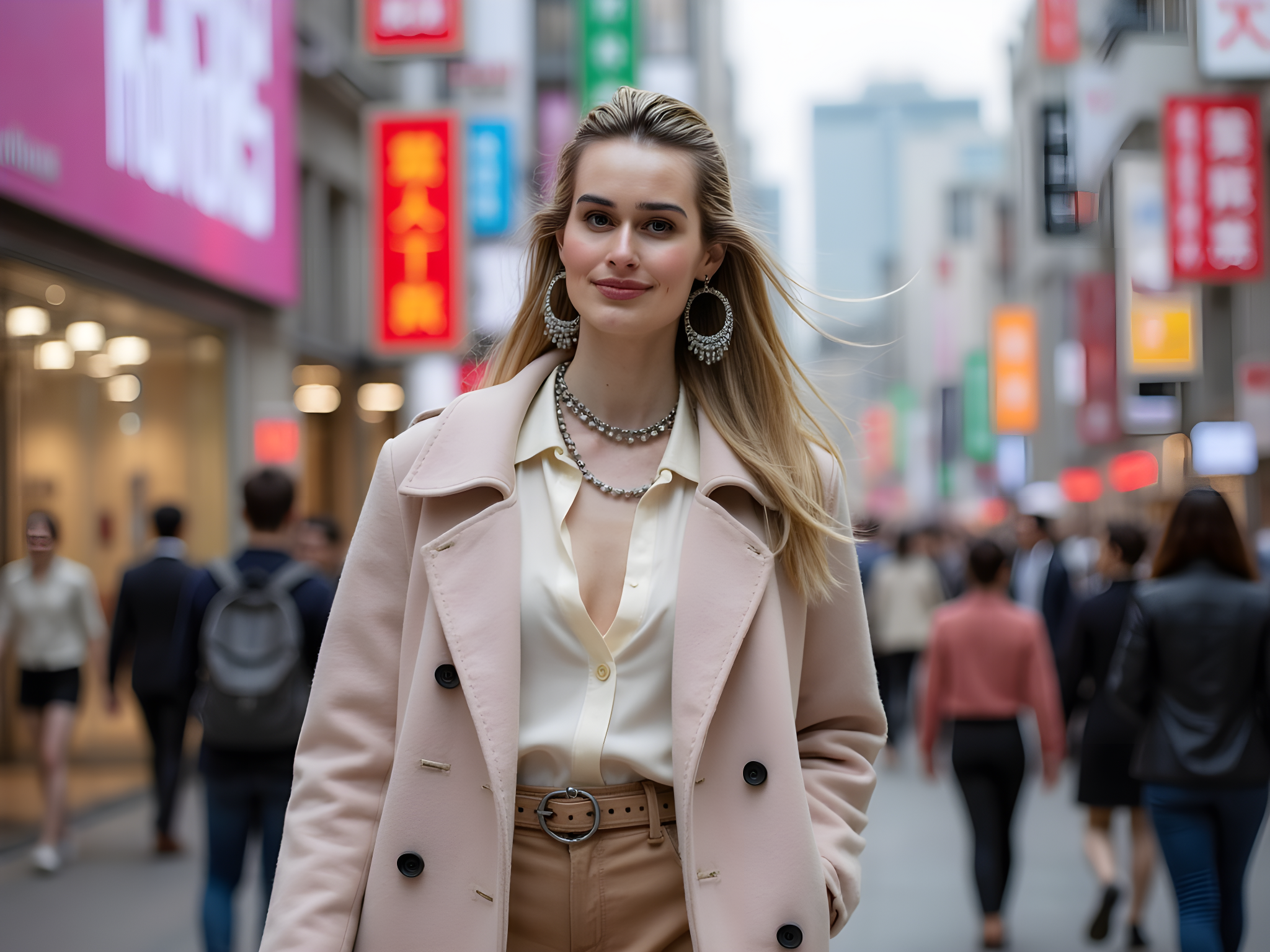 A striking 28-year-old female model embodies the vibrant spirit of Myeongdong, Seoul’s bustling shopping district. Clad in a chic, oversized pastel trench coat layered over an ivory silk blouse and high-waisted tailored shorts, she navigates the vibrant street scene, her silhouette framed by neon signs casting an iridescent glow. Her street-style allure is accentuated by stylish knee-high leather boots and statement jewelry, including oversized earrings and a layered necklace that catch the light as she moves. Her hair, a cascade of beachy waves, dances in the gentle evening breeze. The composition captures the energy of Myeongdong, with blurred figures of shoppers in the background adding dynamism and depth, while the rich, colorful atmosphere invites viewers into the heart of Korean fashion culture.