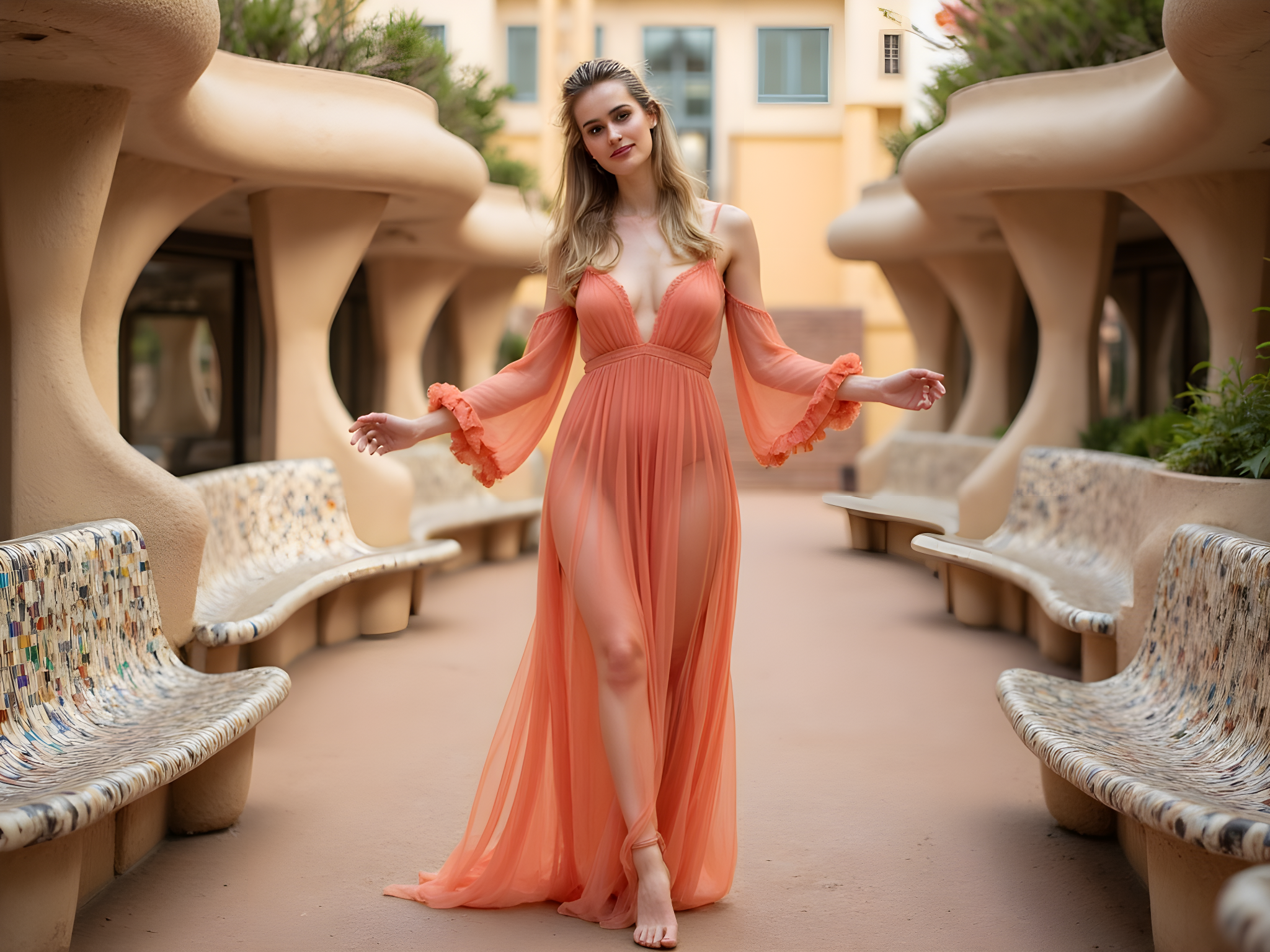 A striking image of a 28-year-old woman, embodying the spirit of a modern muse, gracefully posed among the vibrant mosaics of Park Güell in Barcelona. She dons a flowing, floor-length gown crafted from chiffon georgette, in a blend of sunset hues—fiery oranges and soft pinks—that echo the park's whimsical palette. The gown features delicate ruffles and an off-the-shoulder neckline, enhancing her ethereal presence. Her hair, cascading in loose, beachy waves, captures the gentle breeze. As she stands amidst the iconic serpentine bench, her body language conveys a sense of serene wanderlust, arms outstretched as if embracing the surroundings. The soft golden hour light bathes her in a warm glow, creating a chiaroscuro effect that highlights her features while the vivid mosaic tiles pop in the background, each piece reflecting a story of creativity. The composition captures the enchanting essence of this architectural gem, merging fashion and artistry in a way that feels timeless and contemporary, evoking a dreamy, romantic atmosphere.