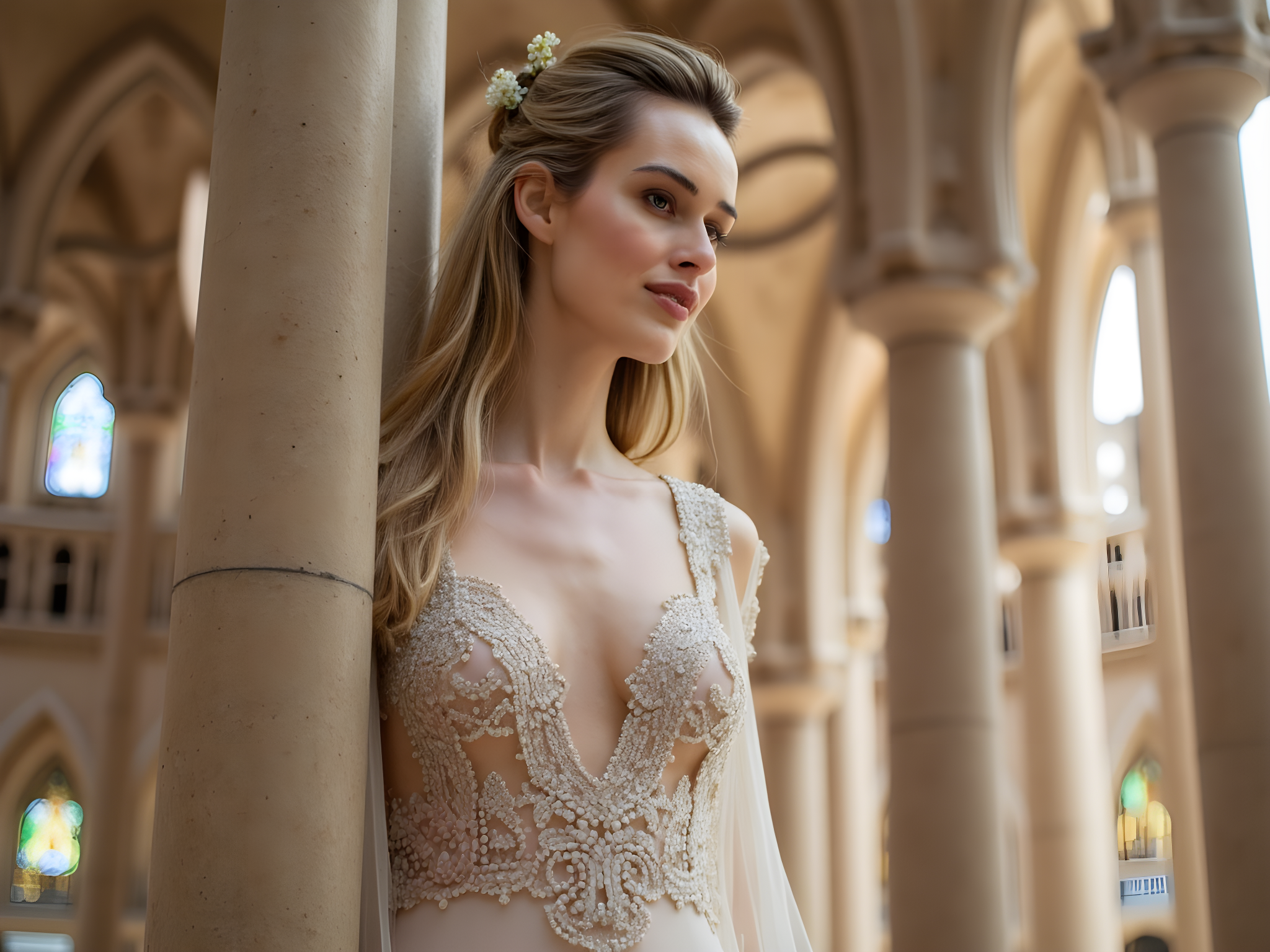 A stunning 28-year-old female figure embodies the ethereal spirit of modern architecture, standing poised within the breathtaking interior of the Sagrada Familia. Draped in an ivory silk gown adorned with delicate lace appliqués, the dress features flowing sleeves that mirror the organic forms of Gaudí's masterpiece. Her hair cascades in soft waves, accented by a subtle floral headpiece that evokes a sense of nature and serenity. The intricate stained glass windows cast vibrant patterns of color onto her skin, creating a mesmerizing interplay of light and shadow. She holds a small bouquet of wildflowers, a nod to the fusion of nature and art. The composition captures her contrast against the towering columns, projecting an aura of grace and contemporary elegance, while the soft, diffused lighting mimics the golden hour, enhancing the dreamy atmosphere of the scene.
