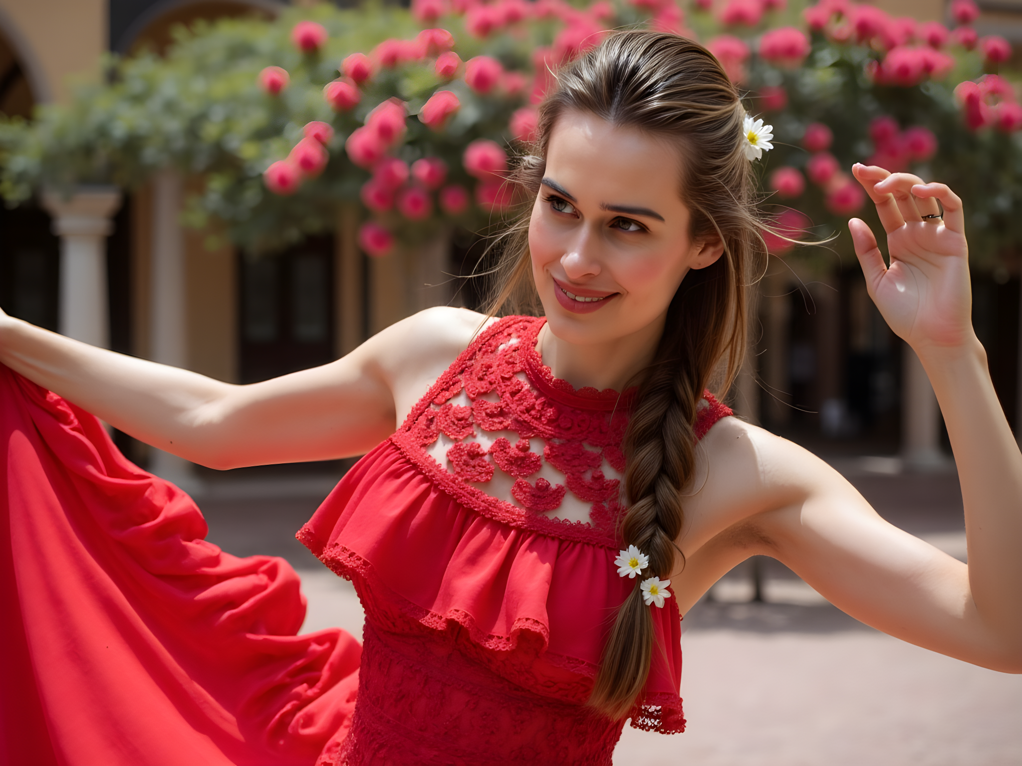 A captivating female figure, aged 28, embodying the passionate spirit of Spanish culture, stands amidst a sun-drenched plaza in Seville. She wears a lightweight, flowing red flamenco dress crafted from chiffon georgette, its ruffled tiers cascading elegantly around her as she spins gracefully. The dress, adorned with intricate lace detailing, captures the vibrant colors of bougainvillea blooming in the background. Her dark hair is styled in a loose braid, embellished with fresh jasmine flowers, radiating an air of bohemian sophistication. The harsh sunlight casts dramatic shadows, creating chiaroscuro effects that accentuate the contours of her face and the movement of her dress. With one arm raised, as if beckoning the sun, her expressive gaze conveys a mix of joy and longing, encapsulating the passionate allure of Flamenco dance. This image, poised to capture the heartbeat of Spain, speaks to the cultural romance and artistic heritage of a land steeped in tradition.