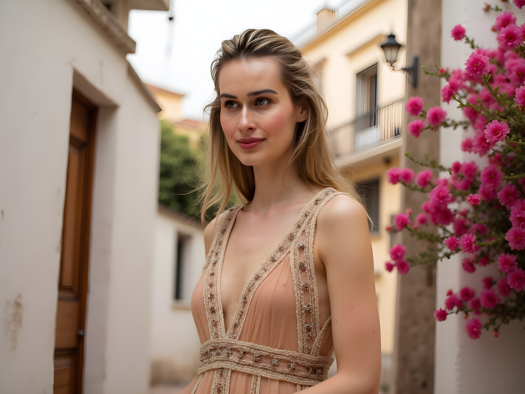 A captivating portrait of a 28-year-old woman, embodying the essence of Albayzín, the historic district of Granada, Spain. She stands elegantly against the backdrop of whitewashed buildings adorned with vibrant bougainvillea, her silhouette framed by the delicate architecture that whispers tales of Moorish influence. Draped in a flowing, ankle-length dress made of lightweight chiffon in hues of deep terracotta and soft ivory, the fabric moves gracefully with her, echoing the fluidity of Andalusian flamenco. Her long, dark hair cascades in soft waves, adorned with a single fresh jasmine bloom that adds a touch of romance. She gazes thoughtfully into the distance, her expression one of quiet reflection and cultural pride. The golden hour sunlight bathes her in a warm, ethereal glow, creating a play of light and shadows that enhances the intricate details of her ensemble. This image embodies the rich tapestry of Albayzín’s history and her connection to its spirit, evoking a sense of longing and nostalgia, perfectly suited for the pages of a luxury travel or fashion magazine.