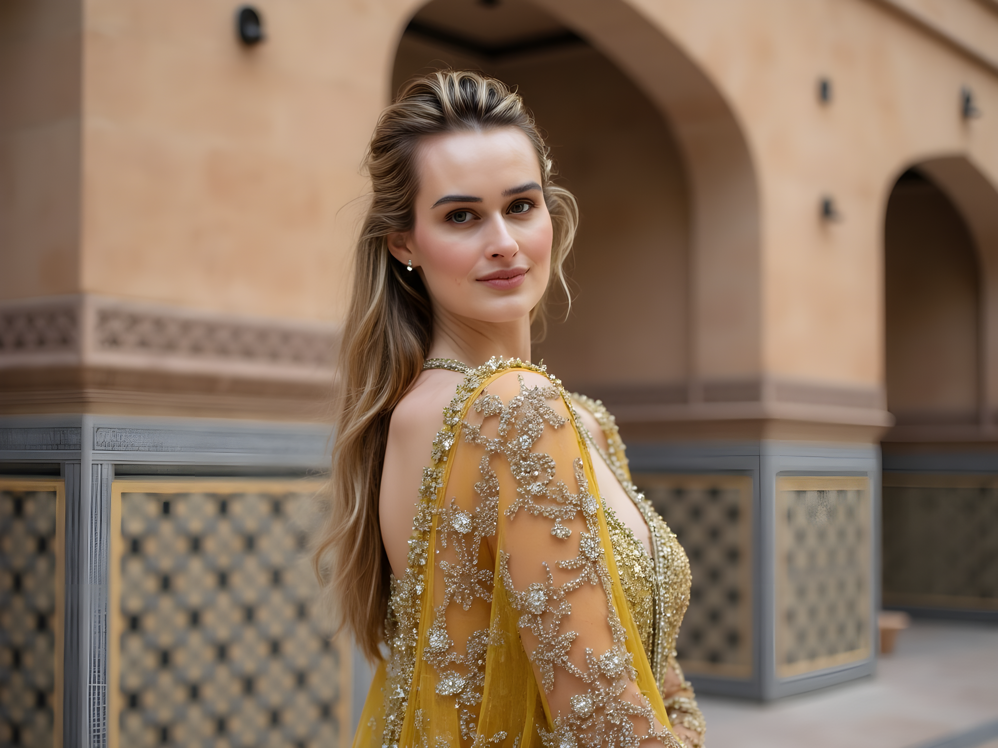 A captivating 28-year-old female figure, embodying the mystical spirit of the Alhambra. She is adorned in a regal ensemble featuring intricate embroidery on soft, flowing silk in deep saffron and emerald green hues. The dress cascades to the floor with hand-pleated legs, evoking the grandeur of Arabic architecture. Her hair is styled in loose waves adorned with delicate jasmine flowers, enhancing her ethereal beauty. She stands elegantly in front of the Alhambra’s exquisite tiled walls, capturing the enchanting interplay of light and shadow. The golden hour bathes the scene, creating a warm glow that highlights her serene expression and the ornate details of her attire. The photograph exudes a sense of historical elegance and cultural richness, echoing the timeless allure of Andalusia.