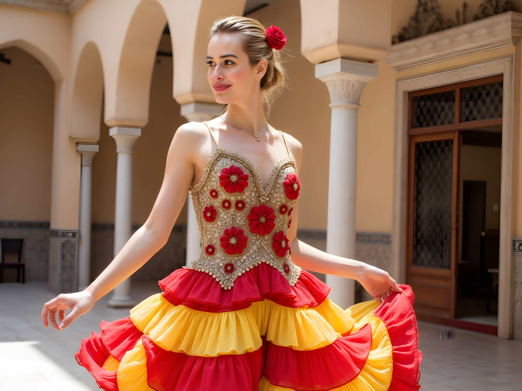 A captivating female figure, aged 28, embodying the rich spirit of Granada, is styled in a vibrant, flamenco-inspired gown bursting with color. The dress features intricate hand-embroidered florals in hues of ruby red and sunlit yellow, cascading down from a fitted bodice into an exuberant ruffled skirt. She stands in a sun-drenched courtyard adorned with Moorish architecture, where arching doorways and delicate tilework serve as a dramatic backdrop. The subject's hair is elegantly styled in a loose updo, adorned with a single red rose, capturing both the romantic and the passionate essence of Spanish culture. Her arms are outstretched, flowing gracefully like a dancer, as sunlight illuminates her figure, creating a chiaroscuro effect that enhances the warmth of the scene. This image is a vibrant homage to the artistic heritage of Granada—alive with emotion, movement, and color, perfect for a luxury fashion editorial or cultural feature.