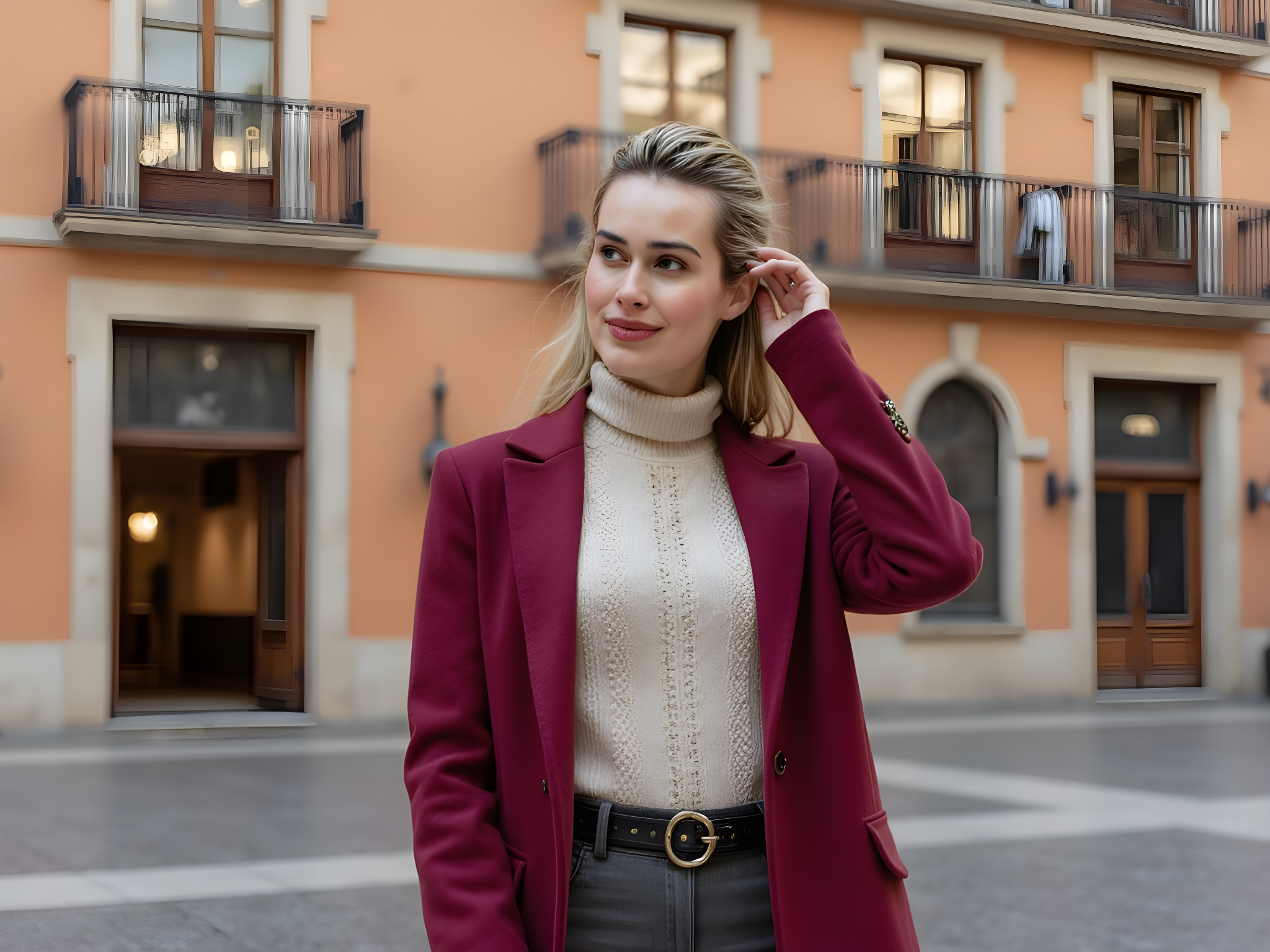 A striking 28-year-old female model radiates effortless elegance against the vibrant backdrop of Plaza Mayor in Madrid. She is adorned in a tailored, deep crimson wool coat, its sharp lines and tailored silhouette exuding modern sophistication. Layered beneath is a textured ivory turtleneck, enhanced by intricate lace detailing at the cuffs. The ensemble is perfectly complemented by high-waisted charcoal trousers that flow gracefully to the ground, paired with classic black leather ankle boots. Her hair is styled in soft waves, framing her face, while a minimalist gold necklace adds a touch of understated luxury. Captured in soft, golden hour light, her pose is both assertive and inviting—one hand resting on her hip while the other lightly tucks a strand of hair behind her ear. The surrounding architecture—rich in history with ornate balconies and rustic wooden doors—serves as a stunning visual tapestry that enhances her timeless beauty. The composition embraces the rule of thirds, drawing the viewer's eye through the vibrant urban landscape and focusing on her magnetic presence, capturing a moment of fashionable serenity in an iconic cultural landmark.