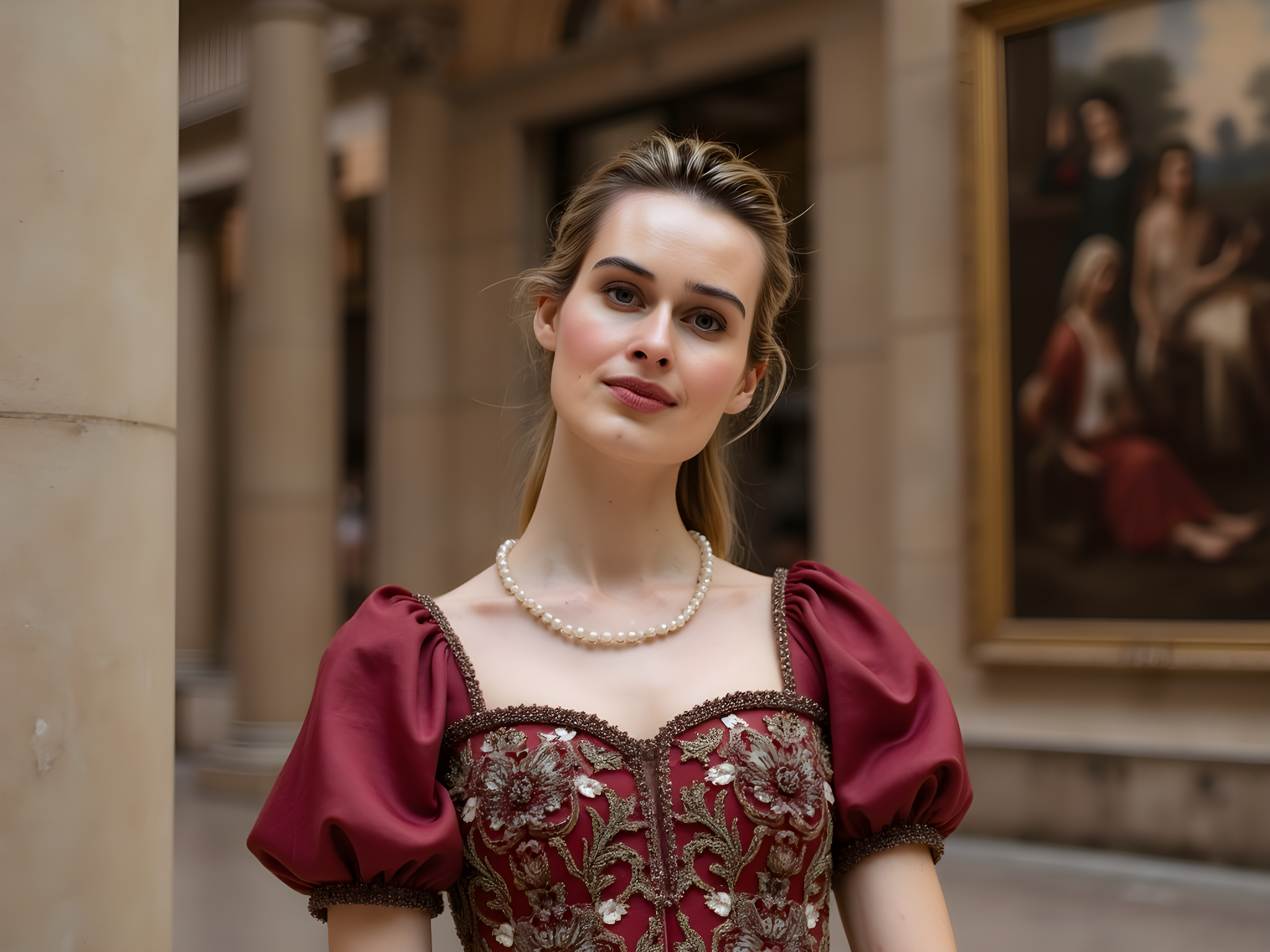 A captivating tableau inspired by the grandeur of the Prado Museum, featuring a 28-year-old female figure poised in an opulent Baroque setting. She wears an exquisite gown made of rich crimson silk with intricate gold embroidery, complemented by dramatic puffed sleeves and a corseted bodice that accentuates her silhouette. The gown cascades around her like a flowing tapestry, evoking the royal elegance of 17th-century Spain. Her hair is elaborately styled, adorned with pearls and delicate flowers, each detail echoing the rich history of the period. The lighting is soft yet divine, reminiscent of the chiaroscuro techniques of the Old Masters, highlighting her features with a warm glow. Behind her, a backdrop of grand, ornate columns and lush draperies intermingles with timeless paintings, creating a majestic atmosphere that speaks of art and history. The composition captures a moment of serene strength, where she embodies the essence of a regal muse.