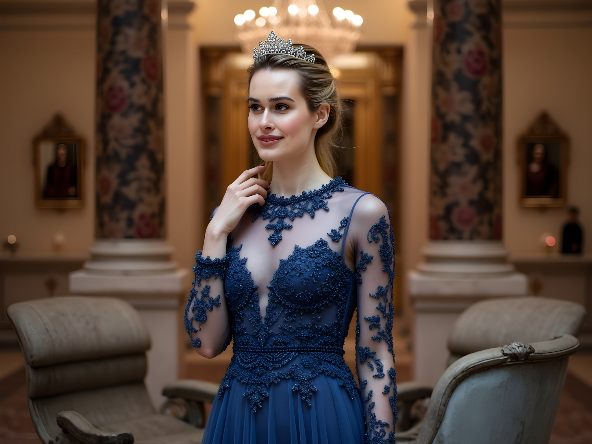 A regal portrait of a 28-year-old woman embodying the essence of royalty, elegantly poised in a magnificent royal palace. She is adorned in a breathtaking hand-embroidered gown of deep sapphire blue silk chiffon, flowing gracefully around her in intricate layers that cascade like waves. The gown features delicate lace illusion sleeves and a high neck, accentuating her aristocratic silhouette while enhancing her ethereal allure. The model's hair is styled in an impeccable updo, accented with a sparkling tiara that radiates opulence.
The palace's opulent interior surrounds her, with grand chandeliers casting warm, inviting light, and rich tapestries lining the walls behind her, evoking a sense of history and grandeur. A vintage chaise lounge serves as a backdrop, its plush upholstery adding richness to the scene. The composition captures both the strength and vulnerability of a queen, with her head held high and an enigmatic smile gracing her lips, captivating the viewer and inviting intrigue into her royal narrative.