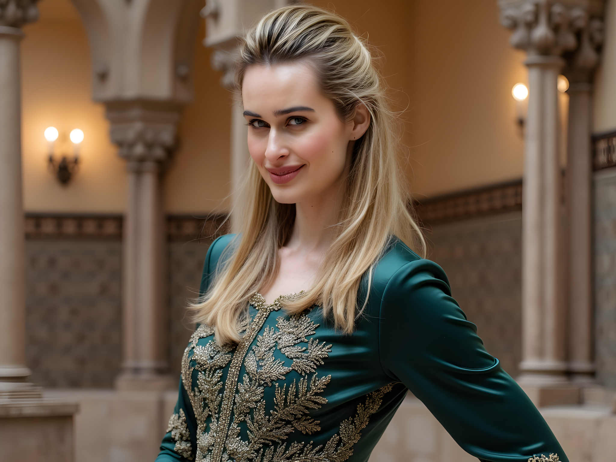 A captivating female figure, aged 28, exuding the regal elegance of a modern-day queen, is poised within the opulent interior of a grand Alcazar. She wears an exquisite gown of deep emerald silk, its flowing silhouette adorned with intricate gold embroidery that reflects the artistry of Moorish architecture. The dress features a cinched waist and cascading sleeves reminiscent of a Spanish flamenco dancer, enhancing her majestic presence. Her hair is styled in soft waves, crowned with a delicate tiara that catches glimmers of light. The background showcases ornate arches and rich tile work, enhancing the allure of the setting. Soft, diffused lighting bathes the scene, creating an ethereal glow that highlights her porcelain complexion and the intricate details of her attire. The pose captures her in a moment of poised sophistication, the contrast of her strong gaze and gentle smile suggesting both strength and benevolence, evoking the timeless beauty and grandeur of historic royalty.