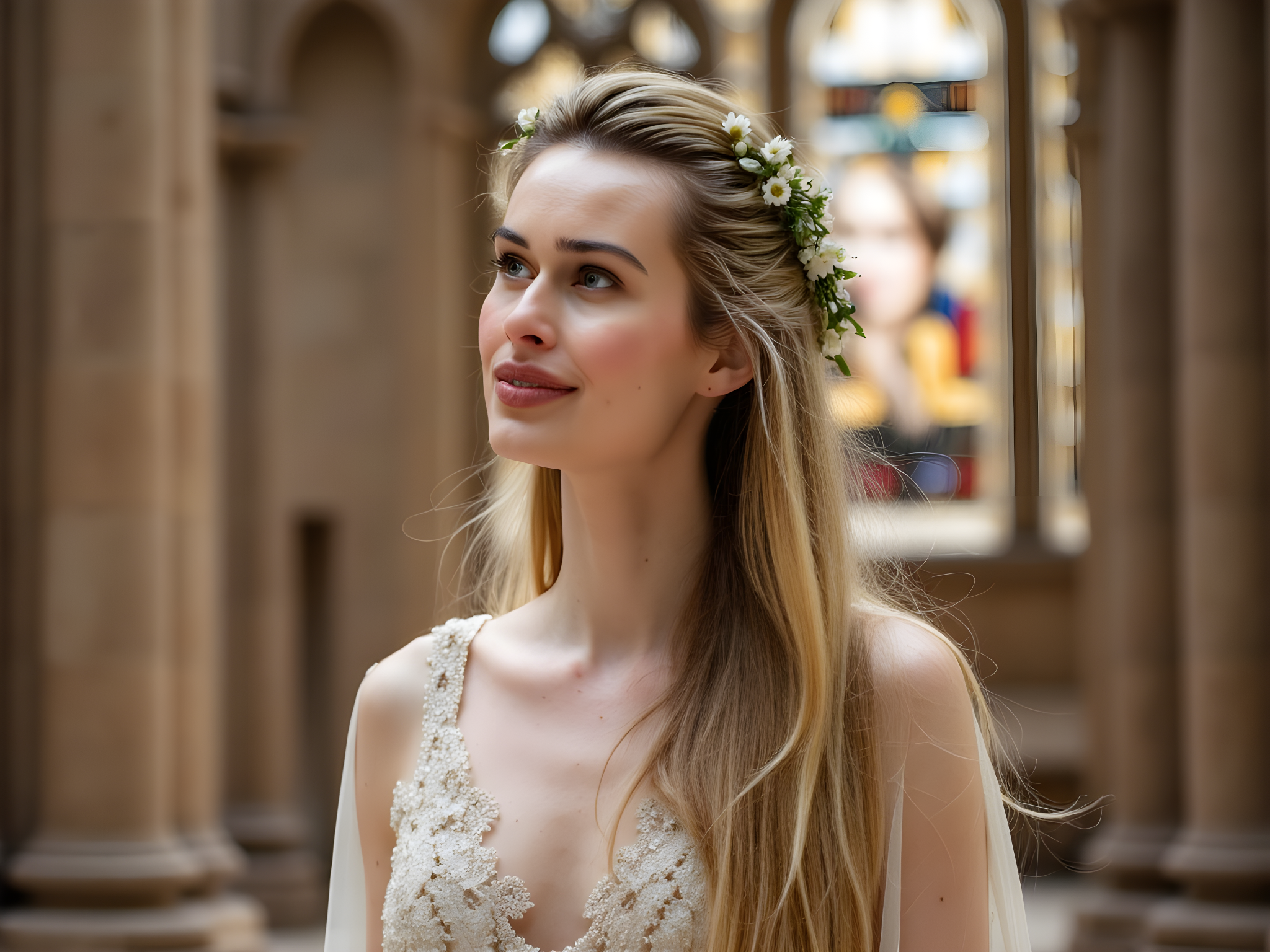 A captivating female figure, aged 28, embodies the ethereal grace of a modern-day saint within the awe-inspiring setting of a Gothic cathedral. Draped in an opulent, floor-length gown of ivory silk chiffon that cascades like a waterfall, the dress features intricate embroidery and delicate lace detailing that reflects the light filtering through stained glass. Her long, flowing hair is adorned with a crown of wildflowers, enhancing her angelic aura. Standing beneath soaring arches, with the sun casting a golden halo around her, she gazes upward, radiating a sense of tranquility and reverence. The chiaroscuro lighting highlights her serene expression, while the rich architectural elements serve as a dramatic backdrop, creating a visual symphony that blurs the line between fashion and fine art.