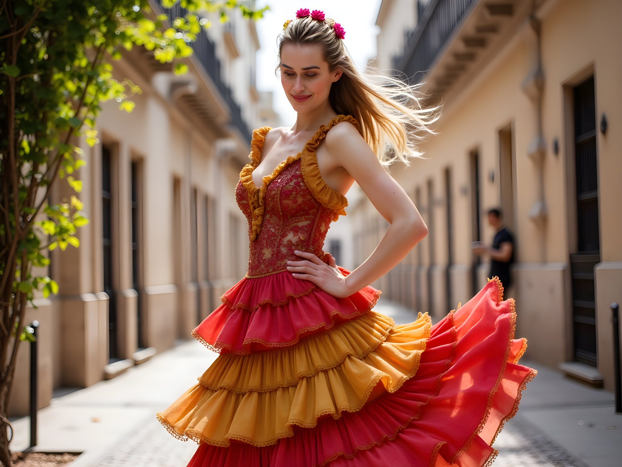A captivating portrait of a 28-year-old woman, embodying the spirit of Seville on a sun-drenched afternoon. She is dressed in a flowing, vibrant flamenco-inspired gown adorned with ruffles in shades of fiery red and deep ochre, which sways gracefully with her every movement. Her hair, reminiscent of gypsy allure, is styled in loose, cascading waves adorned with delicate flowers. The setting is a charming cobblestone street framed by traditional Spanish architecture, with bougainvillea vines spilling over walls and casting dappled shadows. She strikes a pose of artistic confidence, one hand gracefully resting on her hip while the other playfully twirls her gown, evoking the cultural richness and passion of Andalusian dance. The warm golden hour light enhances her radiant smile, inviting viewers to experience the vibrant essence of Seville.