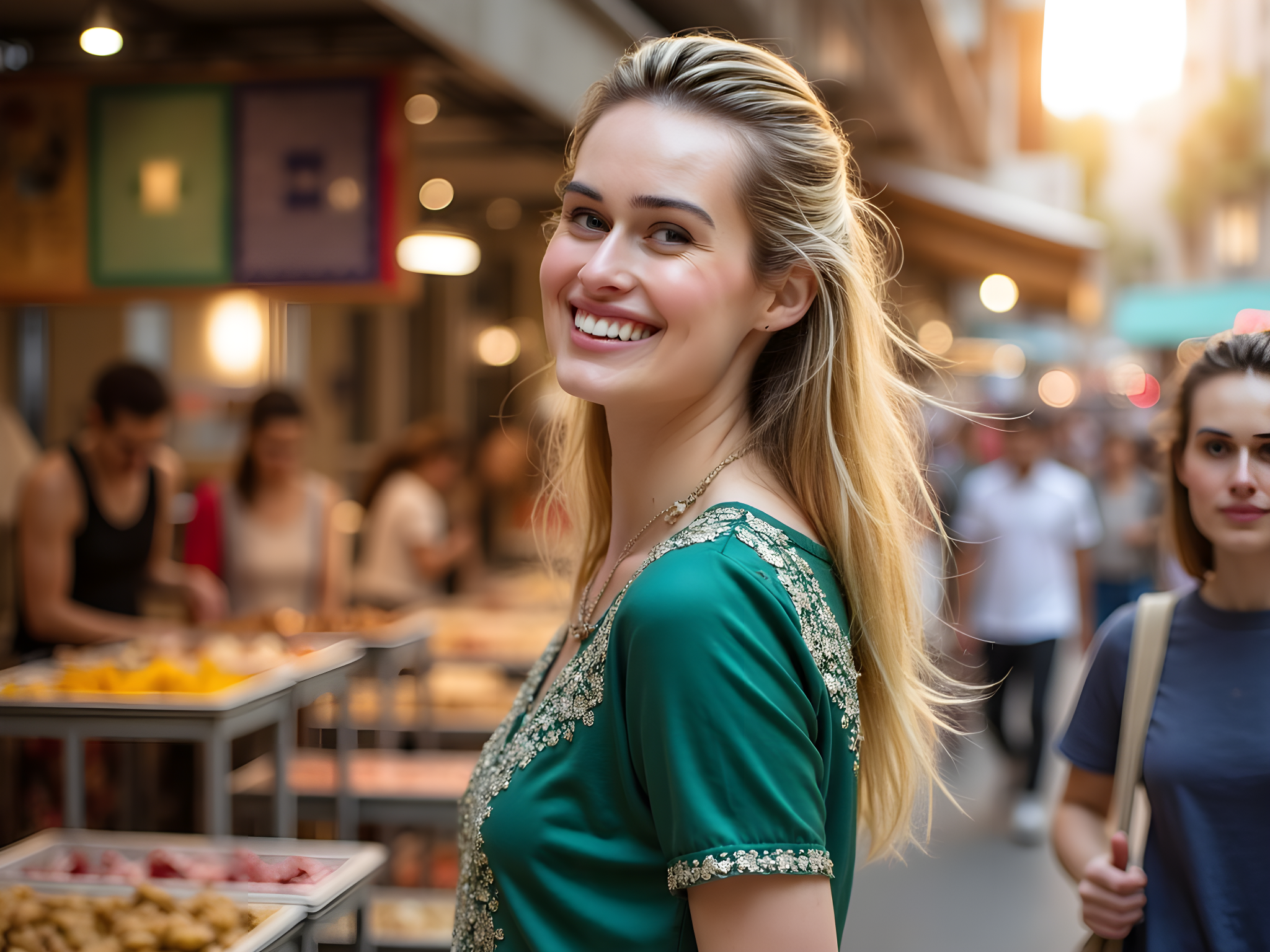A vibrant street scene in Bangkok featuring a 28-year-old woman embodying the essence of urban elegance. She stands confidently against a backdrop of bustling market stalls adorned with colorful textiles and fragrant street food. Her outfit blends traditional Thai elements with modern chic: a structured silk top in rich emerald, adorned with intricate gold embroidery, paired with tailored trousers of flowing chiffon. The scene captures her radiant smile as she interacts with locals, her long hair cascading in loose waves. The golden hour sun casts a warm glow, enhancing the rich colors around her while the lively environment pulses with energy and culture. This image should evoke a sense of wanderlust and the thrilling fusion of tradition and modernity found in Bangkok.