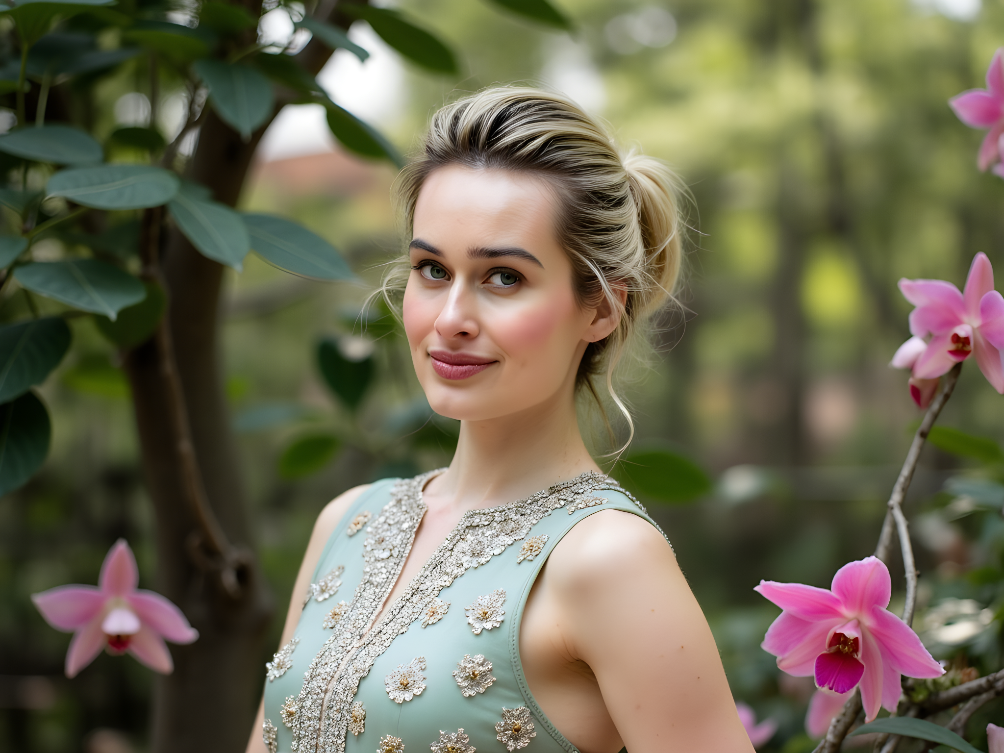 A radiant 28-year-old woman, embodying the spirit of Chiang Mai, is captured amidst a lush garden filled with vibrant orchids and flowering bougainvillea. Draped in a traditional yet modern Thai silk dress, featuring intricate hand-embroidered lotus patterns in soft pastels of jade and rose, she exudes grace and cultural pride. Her hair is styled in a traditional bun adorned with jasmine blossoms, framing her face beautifully. The sunlight filters through the leaves, casting dappled patterns across her serene expression. She stands barefoot, inviting the viewer into her peaceful world, embodying the tranquility and natural beauty of Northern Thailand. The composition channels a harmonious blend of nature and fashion, celebrating both heritage and modern elegance.