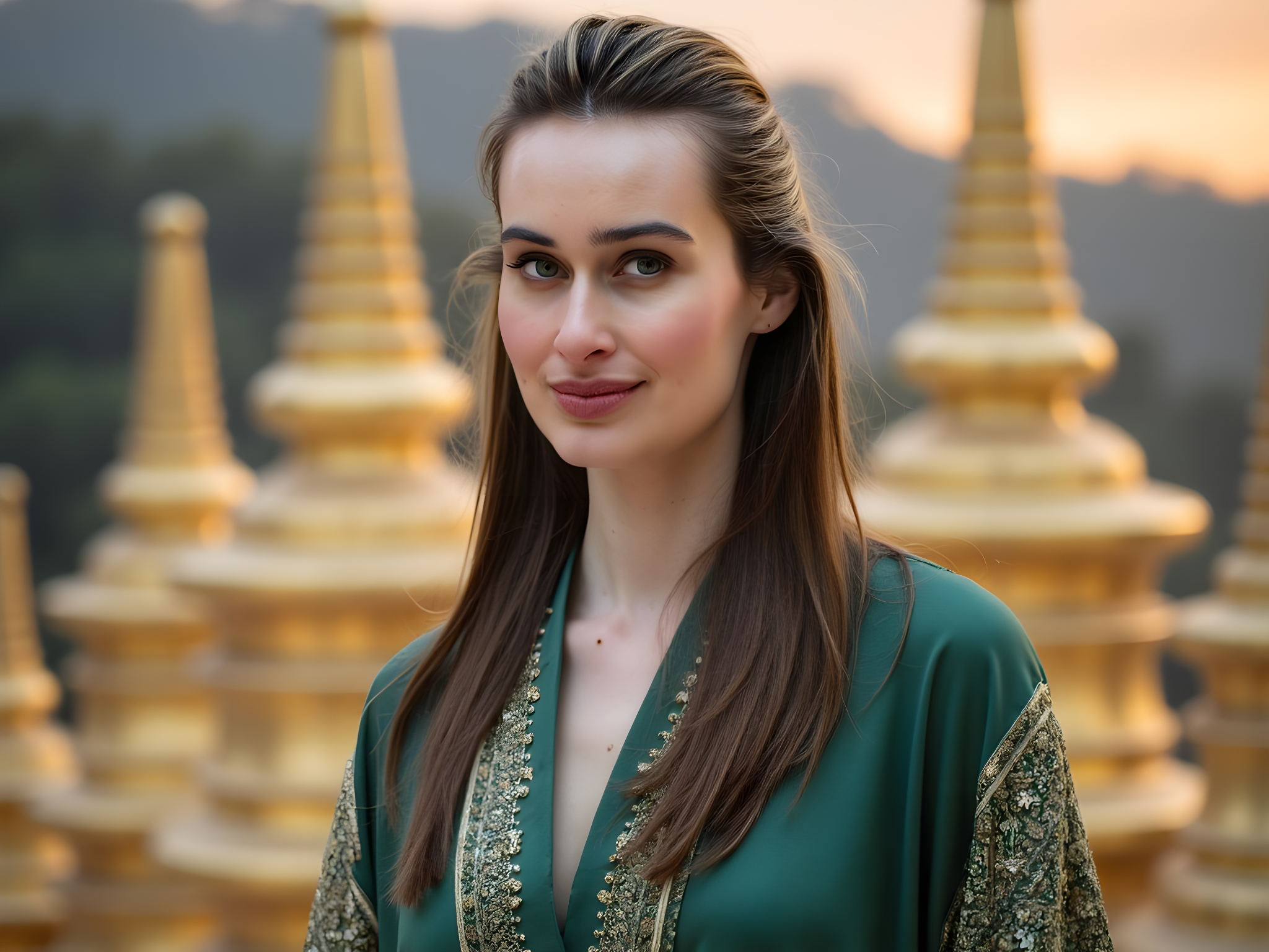 A poised 28-year-old woman embodies the spirit of serenity and spirituality, standing gracefully at the iconic Doi Suthep temple in Thailand. Draped in a flowing silk kimono of deep emerald green, adorned with intricate gold patterns reminiscent of traditional Thai artistry, she exudes an air of reverence. Her long, dark hair cascades over her shoulders in soft waves, a delicate flower tucked behind her ear. The backdrop features the majestic temple structure with its glistening golden stupas, illuminated by the soft golden light of a setting sun. The image captures the harmonious blend of modern elegance and cultural heritage, with the woman’s peaceful expression reflecting the sacred ambiance of her surroundings. The composition utilizes rule of thirds for a striking balance between her figure and the ornate architecture behind her.