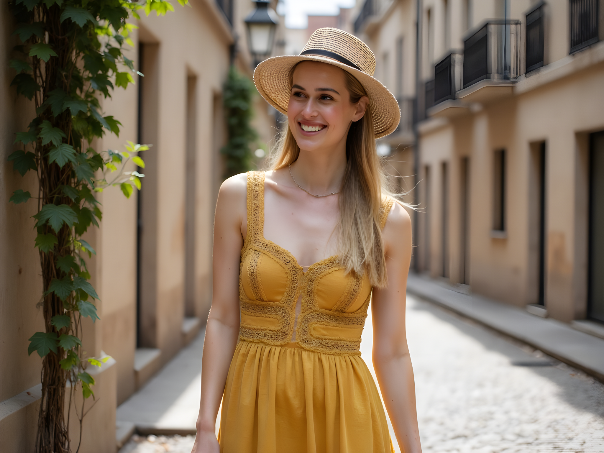 A captivating image of a 28-year-old woman walking through the cobblestone streets of a historic old city, embodying the spirit of timeless elegance. She is styled in an a-line, mustard-yellow linen dress, featuring intricate lace detailing along the bodice and cascading into a fluttering hemline. A wide-brimmed straw hat frames her face and adds a touch of pastoral charm. Her tousled hair peeks out from beneath the hat, delicately catching the dappled sunlight filtering through the old architecture around her. The scene captures a moment of serene exploration; her posture is relaxed yet graceful, with one hand tucked into the pocket of her dress and the other gracefully holding a vintage leather handbag. Soft, diffused lighting softens the scene, creating a dreamlike atmosphere that enhances the rich textures of the cobblestones and aged brickwork surrounding her. The background features a glimpse of ivy-clad walls and wrought-iron balconies, grounding the moment in cultural heritage and romantic nostalgia.