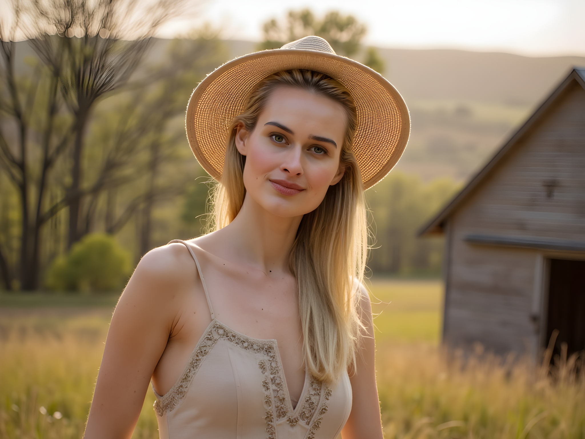 A striking female figure, aged 28, stands at the crossroads of tradition and modernity, channeling the spirit of 'Old Town Road'. She is dressed in a flowing, beige prairie dress adorned with delicate lace details, embodying a romantic yet rugged Western aesthetic. A wide-brimmed straw hat crowns her tousled, sun-kissed hair, while leather ankle boots ground her vintage-inspired look. The background features an old wooden barn and rolling fields, bathed in the golden light of a setting sun that casts long shadows. The model’s stance is confident, one leg casually propped against a rustic fence, hands on her hips, radiating the rebellious spirit made popular in country music. This editorial captures a fusion of Americana and contemporary fashion, evoking an emotional connection to freedom and authenticity, perfect for a high-fashion editorial.