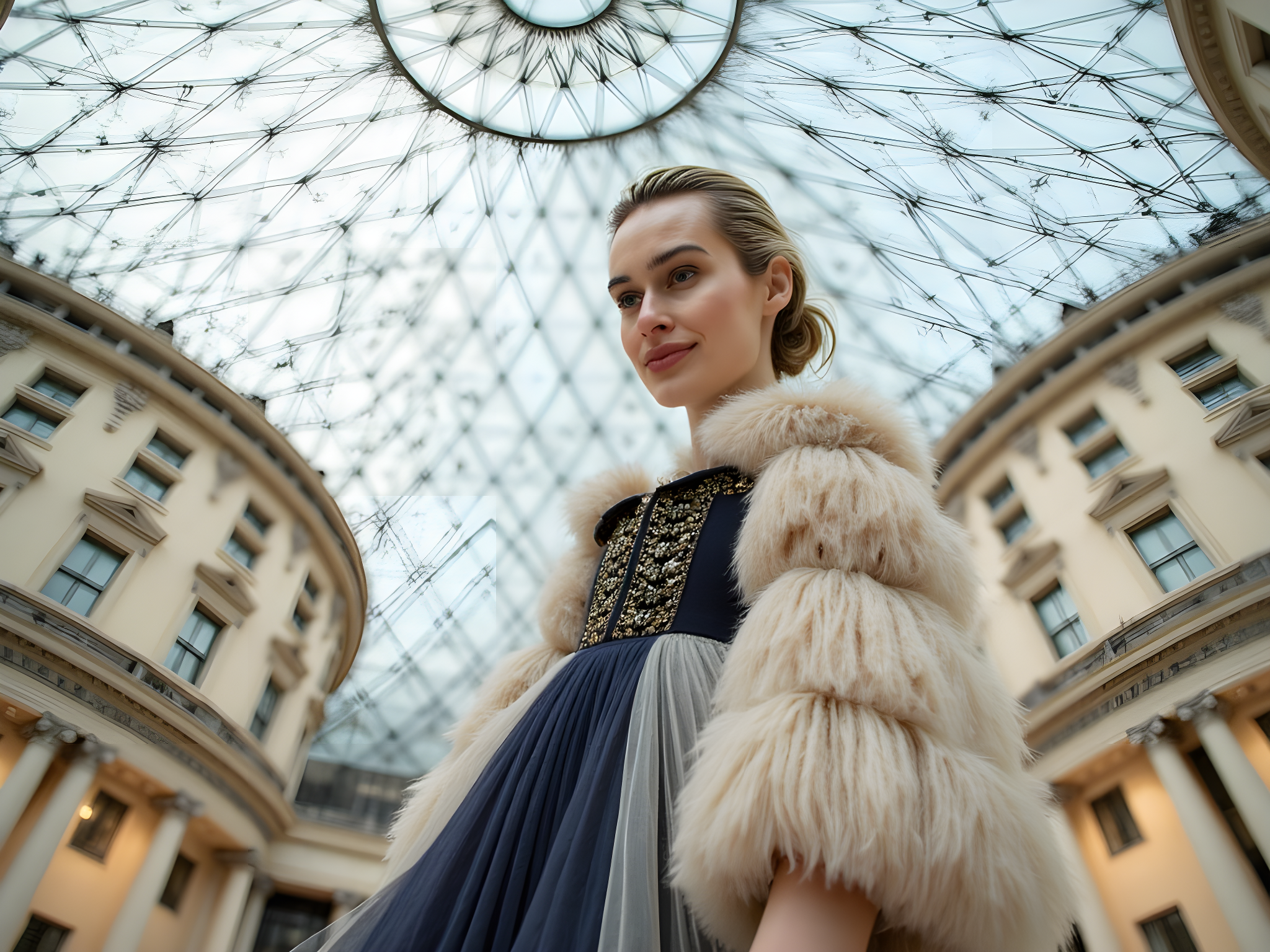 A striking female figure, aged 28, stands poised beneath the iconic dome of the Louvre Abu Dhabi, embodying an artful fusion of contemporary fashion and cultural heritage. Draped in an avant-garde gown crafted from layers of ethereal chiffon georgette in hues of ivory and deep navy, the dress features intricately hand-pleated cascades that flow like water around her. The silhouette is accentuated by a corseted bodice that contours gracefully to her form, enhancing her elegance as she gazes thoughtfully beyond the striking geometric patterns of the dome overhead.
Her hair is styled in a sleek chignon, adorned with delicate gold accents that mirror the architectural beauty of the museum. The ambient light filters through the lattice ceiling, casting a mesmerizing play of shadows and highlights across her features, while she stands grounded with her shoulders back, exuding an air of regal confidence. The composition captures the interplay of modern artistry and tradition, while the luxurious fabric contrasts against the clean lines of the museum. This powerful image evokes a sense of dialogue between past and present, symbolizing empowerment and cultural richness.