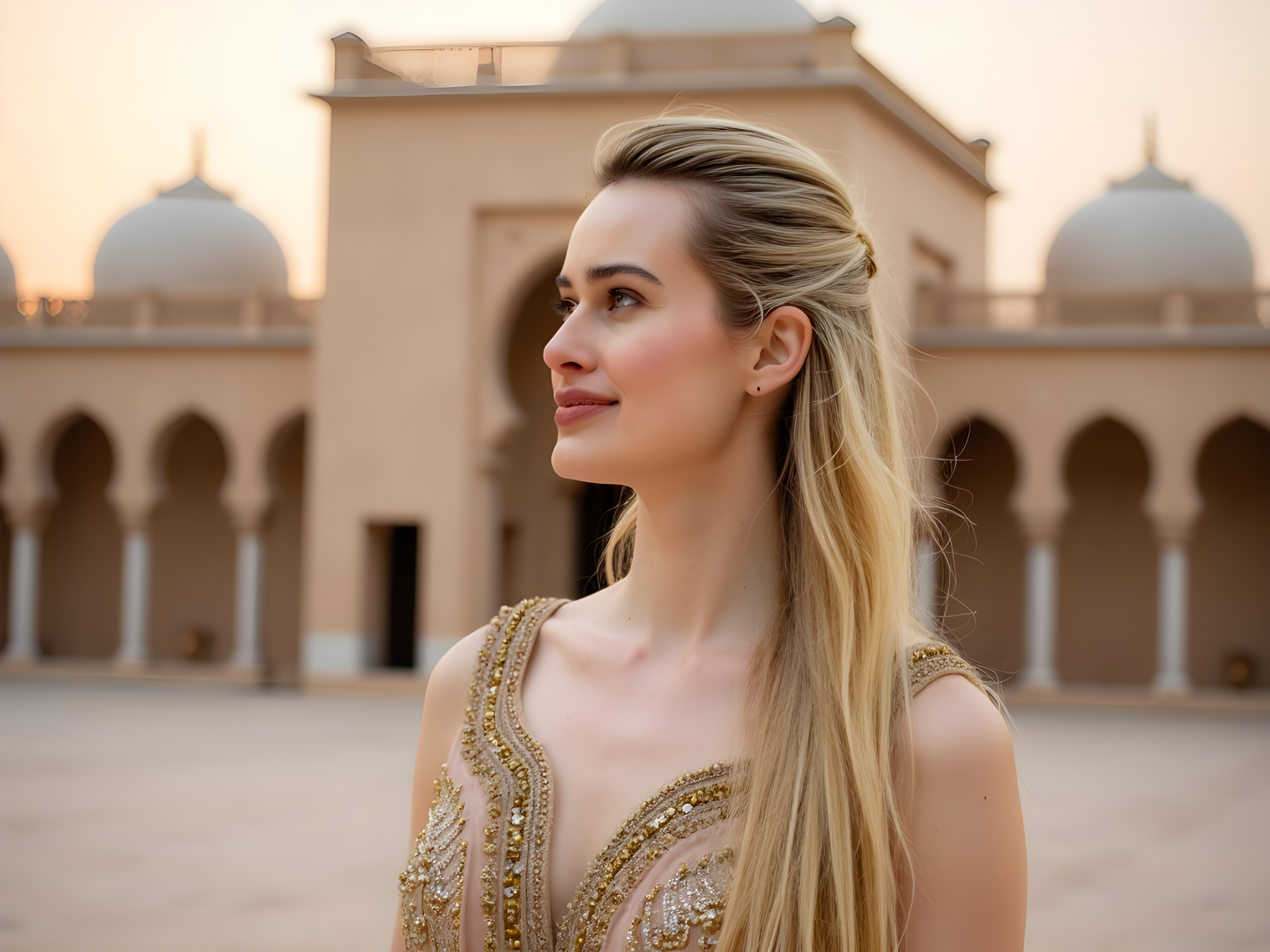 A mesmerizing portrait of a 28-year-old female figure, exuding an aura of regal grace as she stands in front of Qasr Al Watan's monumental architecture. Draped in an opulent, floor-length gown made of shimmering gold chiffon that flows like liquid sunlight, the intricate embroidery evokes the rich cultural heritage of the UAE. Her hair, styled in cascading waves adorned with delicate golden hairpins, frames her face perfectly. She gazes into the distance, embodying quiet strength and sophistication, with the palace's intricate domes and arches creating a stunning backdrop. The sunset casts warm, golden hues, enhancing the ethereal quality of the scene. This composition captures not just beauty, but a narrative of empowerment, elegance, and connection to the grandeur of the surroundings.