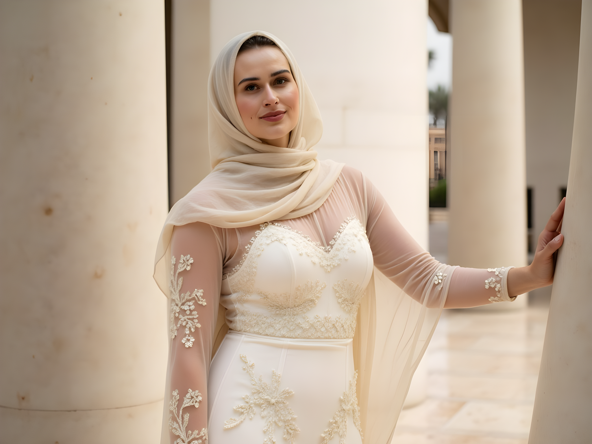 A stunning 28-year-old woman, embodying the grace of a modern-day muse, stands at the Sheikh Zayed Mosque in Abu Dhabi, her silhouette framed against the majestic arches and intricate marble inlays. Draped in a flowing, floor-length gown of ethereal ivory chiffon, adorned with delicate hand-embroidered floral motifs that whisper of the desert flora. Her hijab, a flowing piece of soft silk that echoes the gown's tones, cascades elegantly over her shoulders, subtly catching the warm sunlight. The backdrop features the mosque’s iconic domes and minarets, casting a serene ambiance infused with cultural reverence. She poses with one hand gently touching the cool marble, while the other is poised elegantly by her side, embodying serene confidence. This composition captures a moment where tradition meets modern femininity, evoking a sense of peace, beauty, and connection to cultural heritage.
