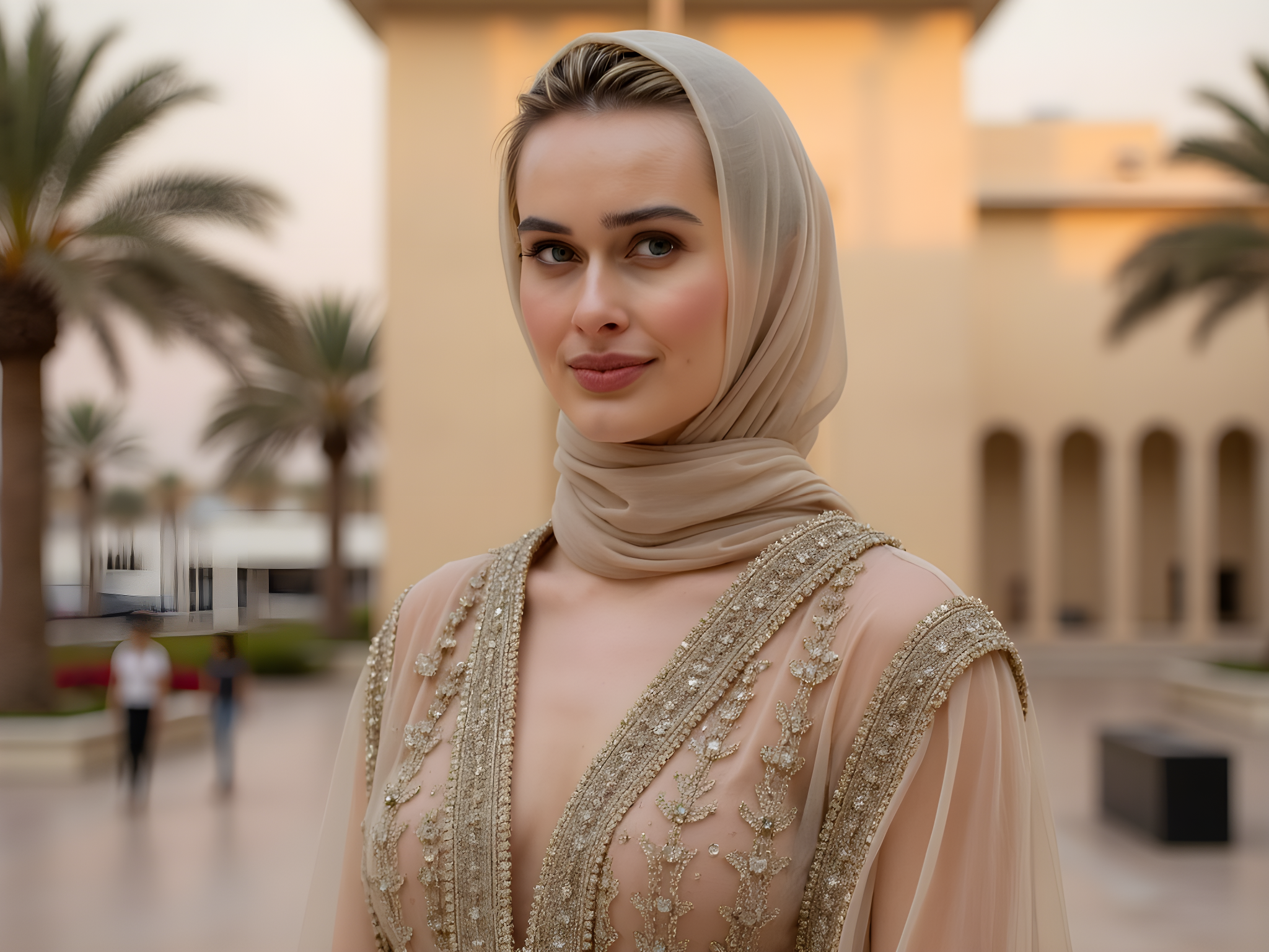 A striking 28-year-old female figure, elegantly poised in an opulent setting reminiscent of the UAE. She wears an intricate abaya crafted from shimmering silk, adorned with delicate gold embroidery that captures the essence of Middle Eastern luxury. Draped over her shoulders is a sheer chiffon hijab that cascades down, softening her features while enhancing her regal presence. With a backdrop of soaring palms and modern architecture, the scene reflects a harmonious blend of tradition and contemporary elegance. The subject's gaze is direct and confident, exuding a quiet strength as the golden hour sunlight bathes her in a warm glow, highlighting her graceful silhouette and the subtle textures of her outfit. The composition is meticulously balanced, creating an image that feels both powerful and ethereal, reminiscent of high-fashion editorials that celebrate cultural richness and feminine empowerment.