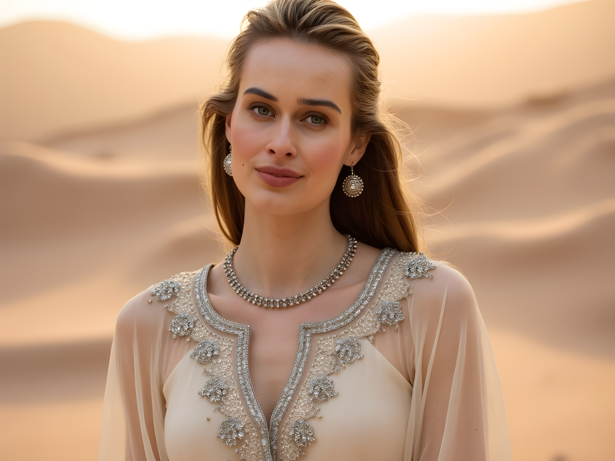 A captivating portrait of a 28-year-old woman embodying the spirit of Ras Al Khaimah's rich heritage. She is dressed in a stunning, floor-length kaftan crafted from cream-colored chiffon georgette that gently drapes over her body, adorned with intricate silver embroidery and delicate hand-beaded details that shimmer in the desert sun. Her long, dark hair cascades in soft waves over her shoulders, and she wears traditional silver jewelry that complements her attire—an elegant necklace and oversized earrings reflecting the cultural richness of the region. Set against the backdrop of the dramatic Hajar Mountains at sunset, the warm golden light envelops her, enhancing the striking silhouette of her figure. The atmosphere is serene yet dynamic, with the smooth sands stretching out behind her, blending naturally into the scene, invoking a sense of timeless beauty and cultural pride. The shot captures her poised and regal presence, projecting confidence and grace as she stands amid the landscape that defines her identity.
