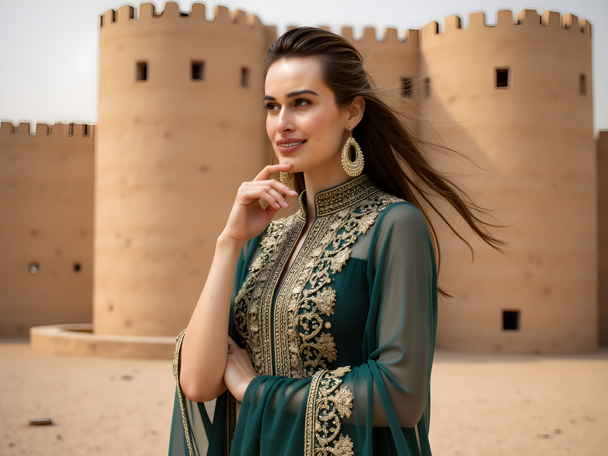 A captivating portrait of a 28-year-old woman standing regal at Dhayah Fort, the historic backdrop towering behind her. She wears an intricate, hand-embroidered kaftan in deep emerald green, meticulously adorned with gold thread, reflecting the rich heritage of the region. Her silhouette is contrasted beautifully against the rugged landscape and warm desert sun, creating a golden hue that envelops her. The kaftan features fluid, cape-like sleeves that billow gently in the breeze, capturing both strength and grace. Her long, dark hair is a cascade of soft waves, flowing freely down her back, and she wears large, statement earrings that glint in the sunlight, enhancing her noble presence. The setting is framed by the ancient stone walls of the fort, creating a harmonious blend of cultural heritage and modern elegance, embodying the spirit of a contemporary queen amid timeless history.