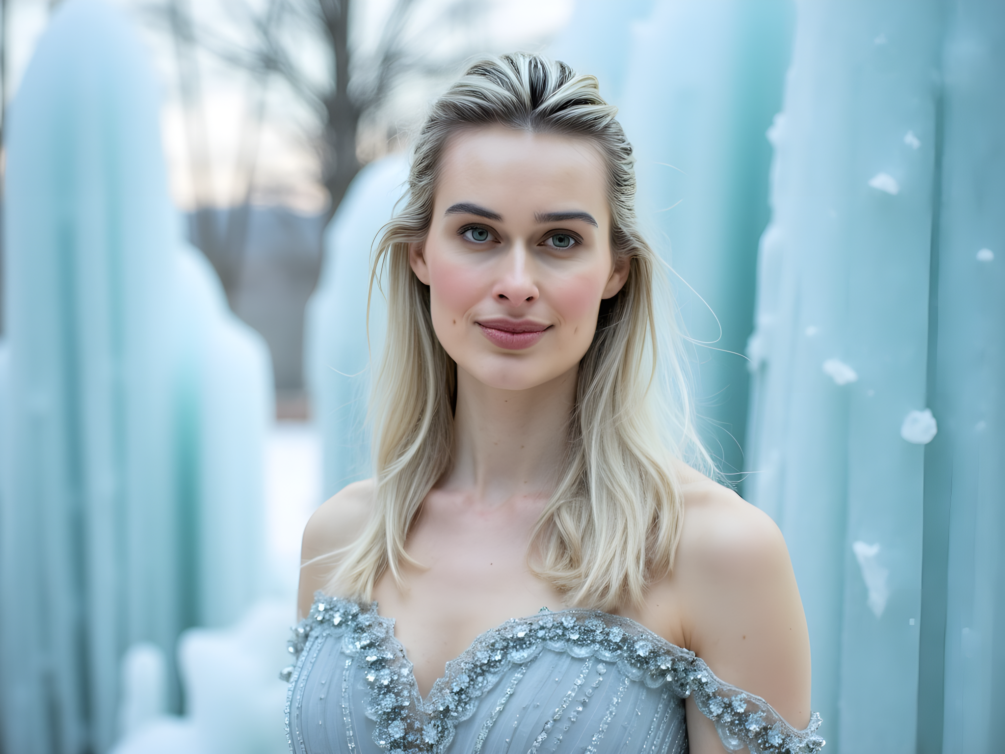 A captivating female figure, aged 28, stands majestically amidst a breathtaking icy landscape, embodying the essence of winter wonder. Draped in an ethereal gown of icy blue chiffon georgette cascading from a fitted bodice adorned with delicate crystal embellishments, she personifies a winter goddess. Her hair, a cascade of silvery waves, is adorned with frost-like floral accents that echo the glistening icicles surrounding her. Posing against a backdrop of towering ice formations glistening under the soft light of a pale winter sun, her expression radiates serene confidence. The composition utilizes Rembrandt lighting to beautifully sculpt her features, enhancing the elegance of the gown and the crystalline setting. The icy blue and white palette evokes a feeling of tranquil beauty, immersing the viewer in the surreal and magical atmosphere of an ice kingdom. This photograph aims to captivate the viewer’s imagination, evoking the feeling of standing in a fairytale realm.
