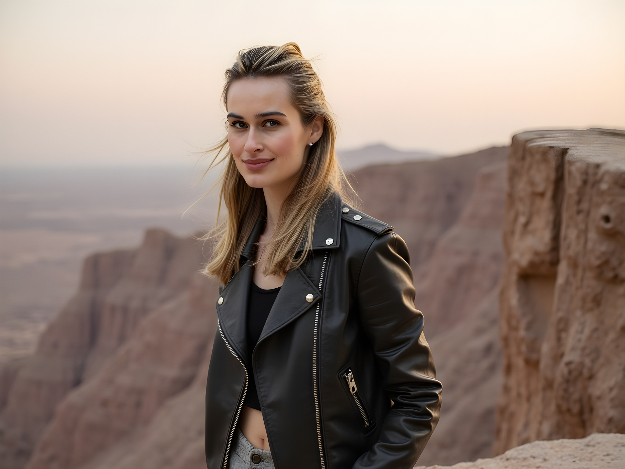 A striking portrait of a 28-year-old female model, conveying the adventurous spirit of the Jebel Jais mountain range. She stands at the edge of a dramatic cliff, overlooking the rugged, spiraling landscape that stretches beneath her. Dressed in a sophisticated, fitted black leather jacket adorned with silver studs and sleek, high-waisted charcoal trousers, she embodies a modern-day warrior. Her hair is tousled by the mountain wind, cascading in loose waves, while minimalist silver jewelry reflects the sunlight. The natural golden hour light casts a warm glow on her face, highlighting her angular features and fierce gaze. The composition adheres to the rule of thirds, with the vast mountain vista creating a breathtaking backdrop that enhances her commanding presence, evoking both strength and a sense of freedom.