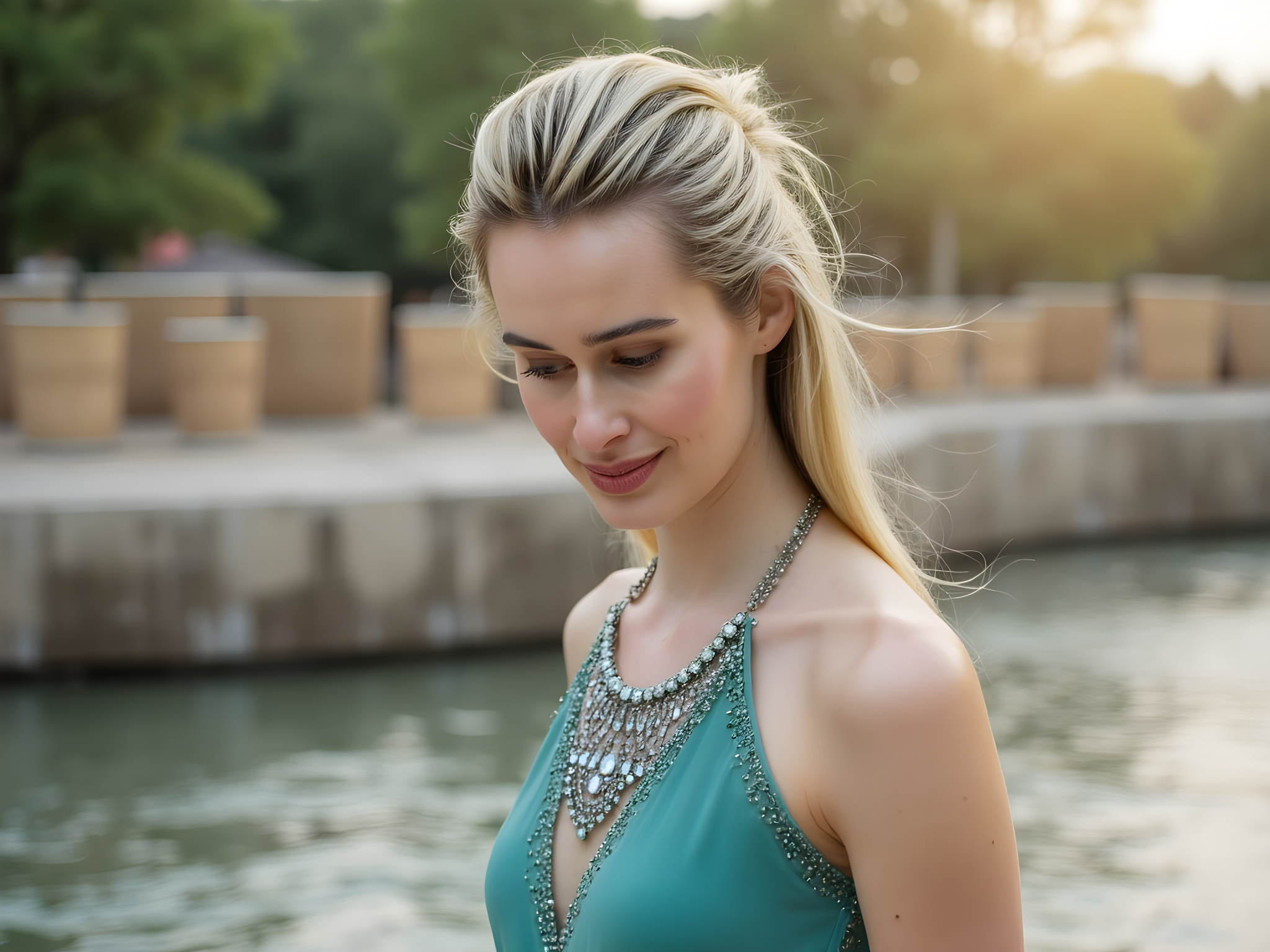 A captivating portrait of a 28-year-old female, gracefully interacting with the natural beauty of Suwaidi Pearl Farm. She is dressed in an elegant, flowing teal chiffon maxi dress that dances gently with the sea breeze, embodying both grace and sophistication. The dress features intricate pearl embellishments that mirror the farm's treasures, creating a harmonious connection between her and the environment. The golden hour sun casts a soft, warm glow, enhancing her features and illuminating the lustrous pearls around her neck and wrists—a subtle nod to her surroundings. The background is a picturesque view of the tranquil waters, dotted with pearl cultivation baskets, framed by lush greenery. Her expression is serene yet adventurous, capturing the essence of exploration and discovery. The composition employs the rule of thirds for balance, with natural light creating a soft focus on her figure, isolating her against the vibrant colors of nature. The image evokes a sense of wonder, inviting the viewer to appreciate the beauty of the ocean and its treasures.