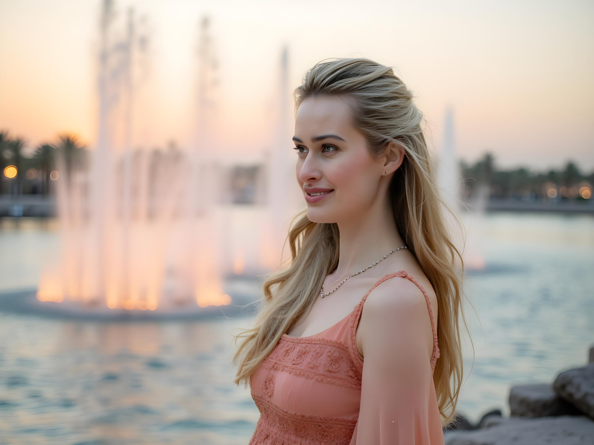 A serene and captivating portrait of a 28-year-old woman, embodying the essence of Al Majaz Waterfront in Sharjah. She stands gracefully on the boardwalk, her flowing, lightweight chiffon maxi dress in shades of azure and coral mirroring the tranquil waters of the lagoon. The dress features delicate flutter sleeves and a cinched waist, creating a silhouette that evokes the grace of a modern mermaid. As the sun sets behind her, warm golden hues wash over her, and she gazes thoughtfully over the water, her hair cascading in soft waves. The vibrant fountains dance in the background, creating an enchanting atmosphere that complements her serene demeanor. This image captures the fusion of natural beauty and urban elegance, encapsulating a moment of peaceful introspection in a bustling waterfront setting.
