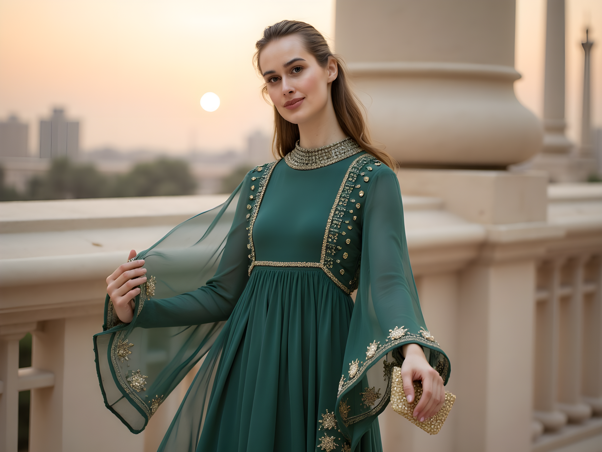 A captivating portrait of a 28-year-old woman, embodying the essence of contemporary elegance against the backdrop of Sharjah's stunning architectural landscape. Dressed in a flowing, floor-length abaya of deep emerald green chiffon, intricately adorned with subtle gold embroidery that catches the light, she exudes a sense of refined luxury. Her dark hair cascades in soft waves beneath a delicate gold-trimmed hijab, framing her expressive features beautifully. The composition highlights her poised stance, with one hand gracefully resting at her side while the other holds a vintage clutch, echoing the rich cultural heritage of the region. The sun sets behind her, casting a warm glow and creating dramatic shadows that enhance the intricate details of her attire. This image encapsulates the modern woman’s relationship with tradition, radiating confidence and strength while weaving in the cultural tapestry of Sharjah.