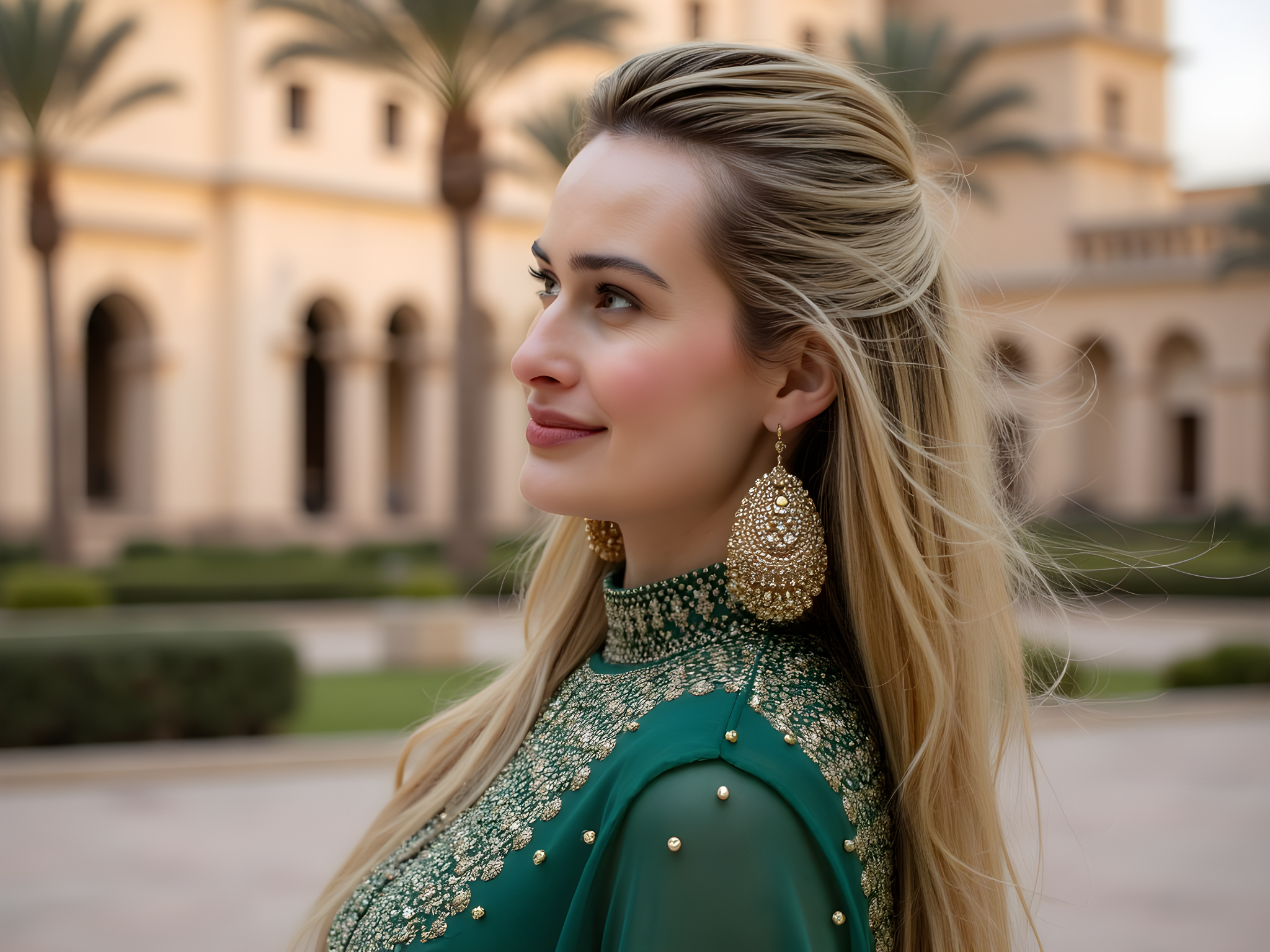 A 28-year-old woman embodies the enchanting spirit of the Heart of Sharjah, dressed in a flowing, floor-length kaftan crafted from lightweight chiffon georgette in a rich, jewel-toned emerald green. The intricate gold embroidery at the neckline and sleeves highlights traditional Middle Eastern craftsmanship, while the soft, billowing silhouette captures the whimsy of the desert breeze. With a serene expression, she stands gracefully against the backdrop of historic architecture and palm trees, the warm golden hour light casting a soft glow that enhances her radiant beauty. Her hair cascades in loose waves adorned with delicate gold hairpins, and she wears minimal but striking jewelry—a pair of oversized earrings reminiscent of Bedouin motifs. The composition focuses on the elegance of her form, framed by the rich textures of the surroundings, evoking a sense of timeless allure and cultural reverence.