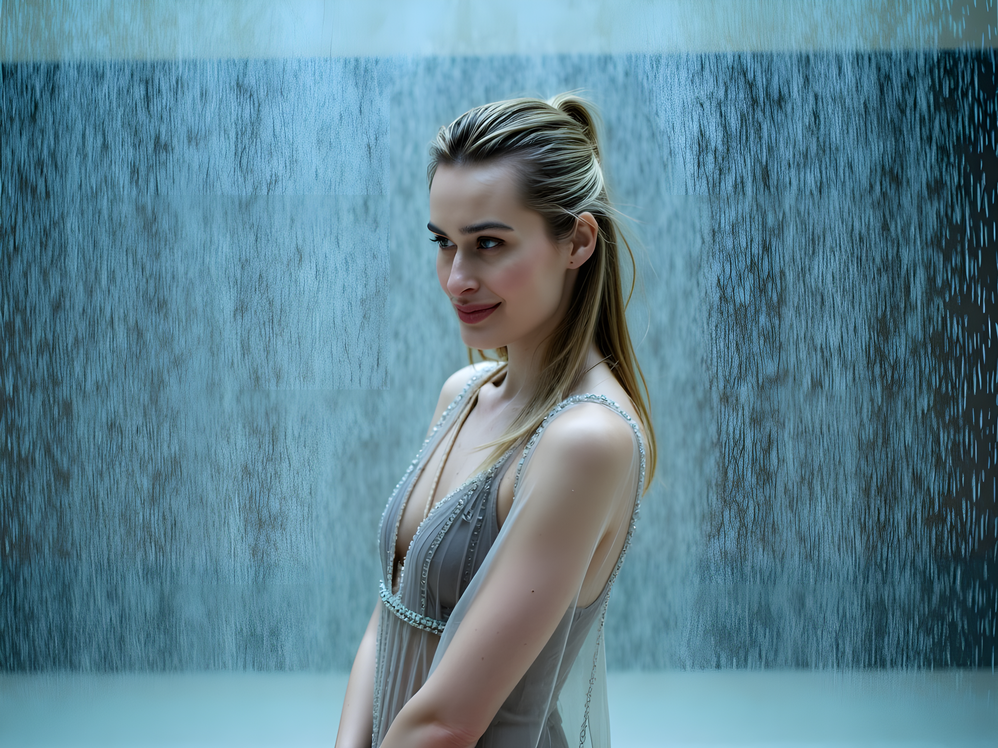 A mesmerizing portrait of a 28-year-old woman, encapsulating ethereal beauty amidst a Rain Room installation. She stands gracefully, adorned in a diaphanous, floor-length gown crafted from cascading silk chiffon that mimics raindrops, colored in a gradient of soft blues and grays. The gown clings delicately to her form, with fluttering sleeves that evoke the movement of water. The background features a striking juxtaposition of rainfall and illuminated space, creating a dreamy atmosphere; droplets of water glisten like tiny diamonds as they cascade around her. The lighting is soft and diffused, highlighting her delicate features and the shimmering texture of the dress. Her wet hair frames her face, echoing nature’s elegance, while her expression is calm, embodying a serene connection to this surreal environment. The composition harmonizes with the gentle tension of nature and grace, making it a breathtaking statement piece shining in contemporary editorial fashion.